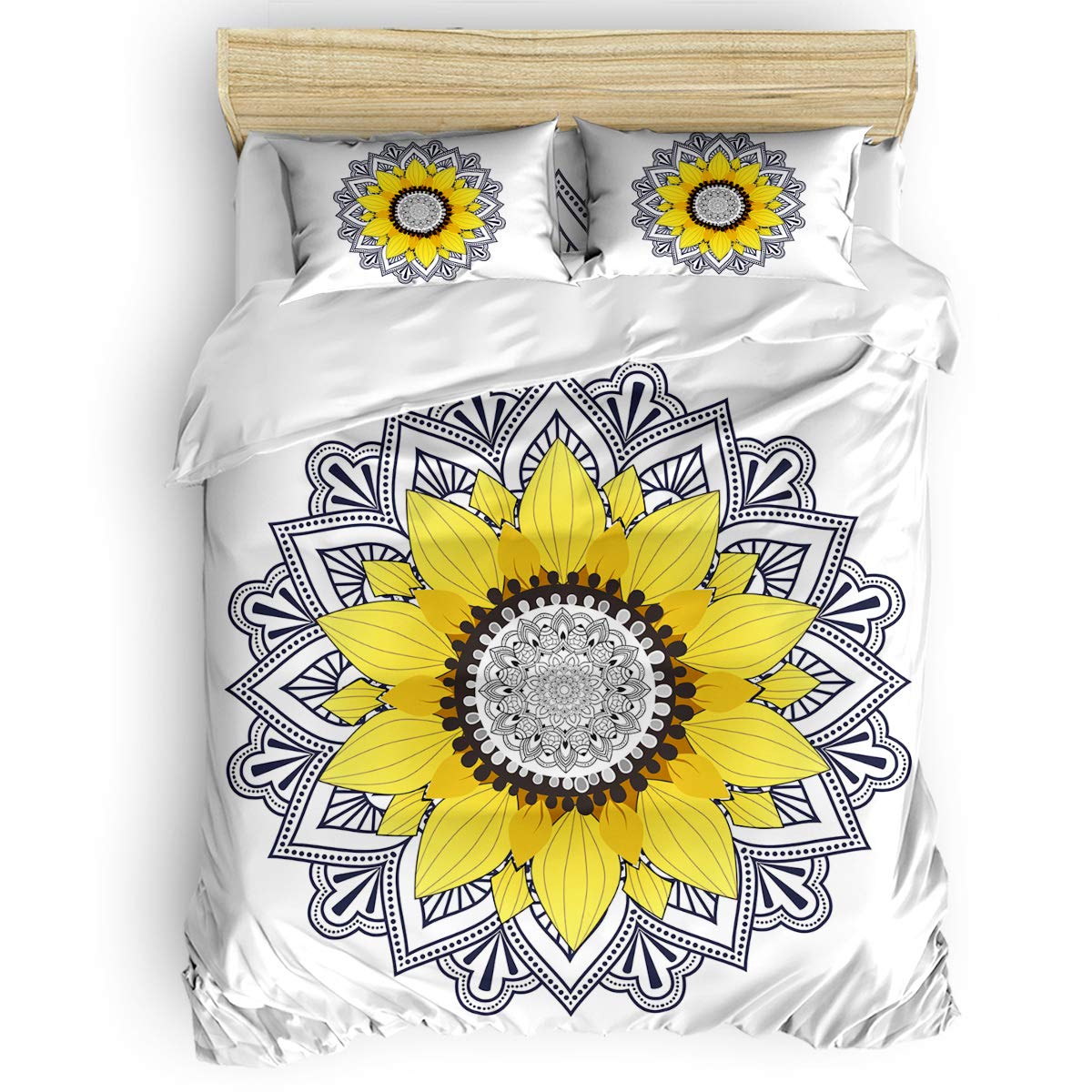 Sunflower Mandala 4-Piece Full Bed Set - Soft Comforter Cover, Fitted Sheet, Flat Sheet & 2 Pillowcases for Kids' Bedroom Decor (White) - Perfect for Boys, Girls & Teens Room Makeover