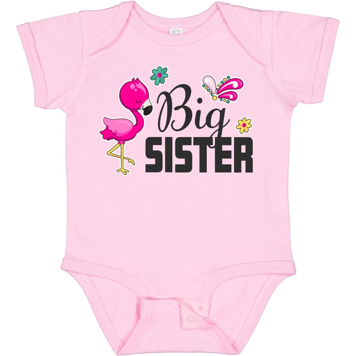 Inktastic Big Sister with Flamingo and Flowers Baby Bodysuit - Cute Floral Sibling Outfit for Newborns & Infants - Perfect for Family Photos, Baby Showers & Sibling Matching