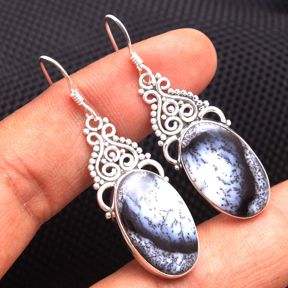 Dendrite Opal Gemstone Drop & Dangle Earrings - 925 Sterling Silver Vintage Jewelry for Women | Elegant Antique Style Earrings for Parties, Weddings & Special Occasions