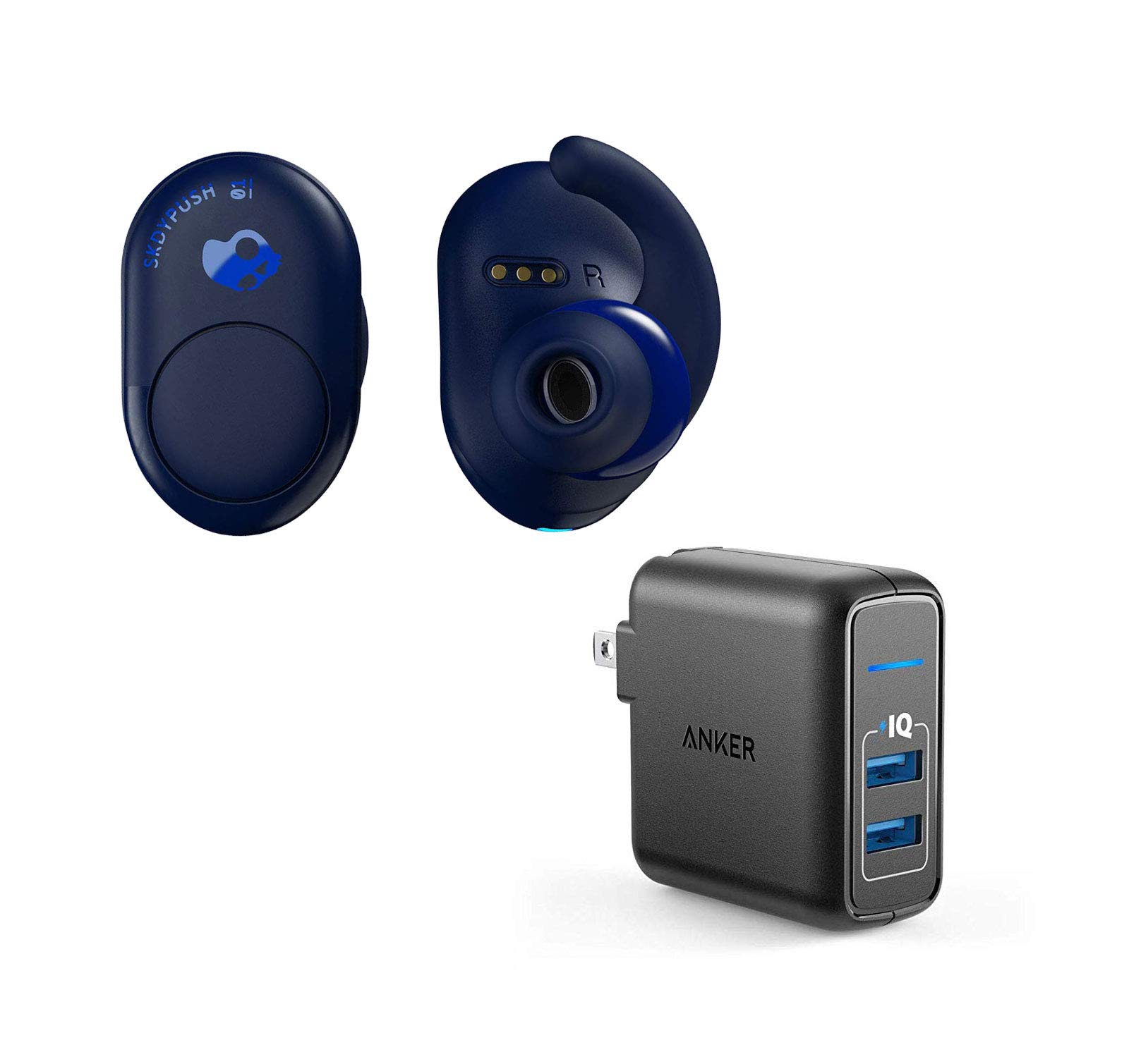 Skullcandy Push True Wireless Bluetooth Earbuds with Noise Cancelling - Wireless Earbuds with 2-Port USB Wall Charger Bundle, 30H Playtime, IPX4 Waterproof - Perfect for Gym, Running & Travel (Indigo)