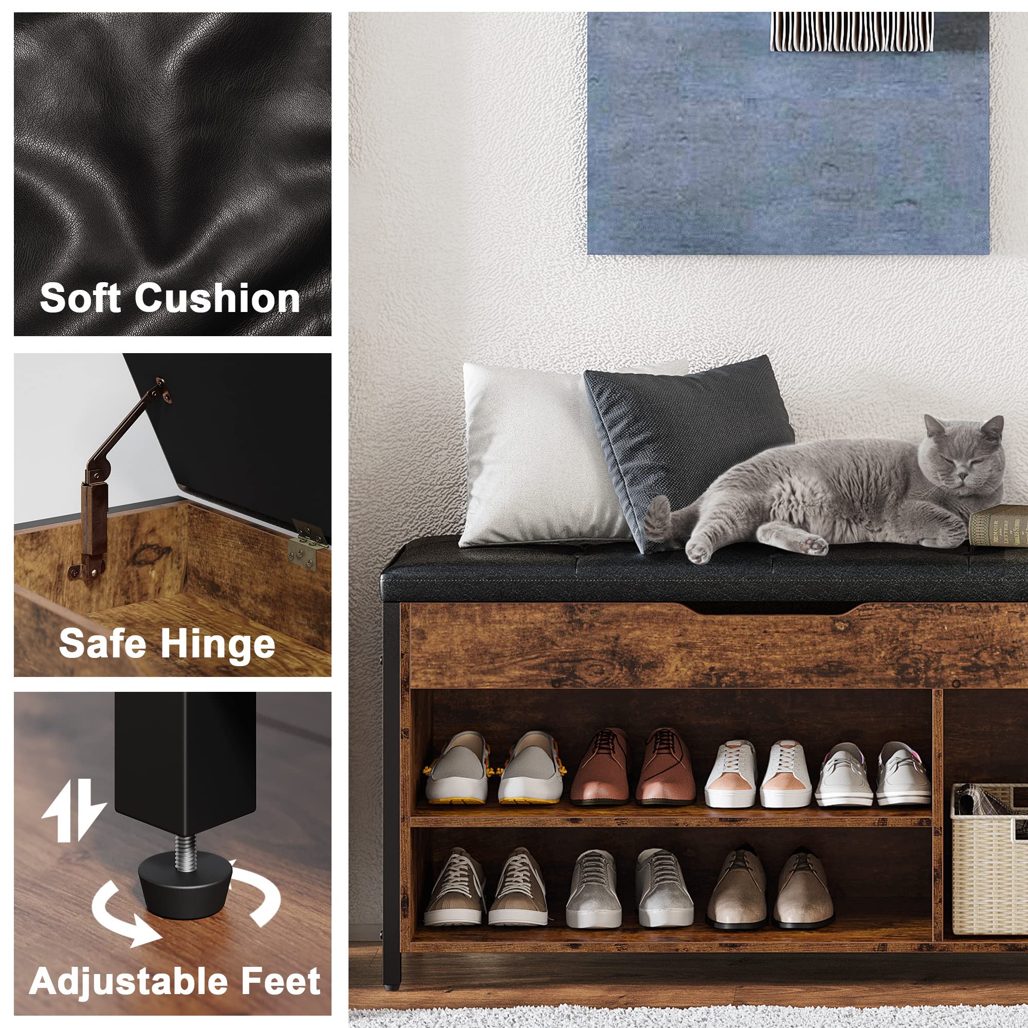 Multi-Functional Shoe Storage Bench with Lift Top & Adjustable Shelf - 35.5