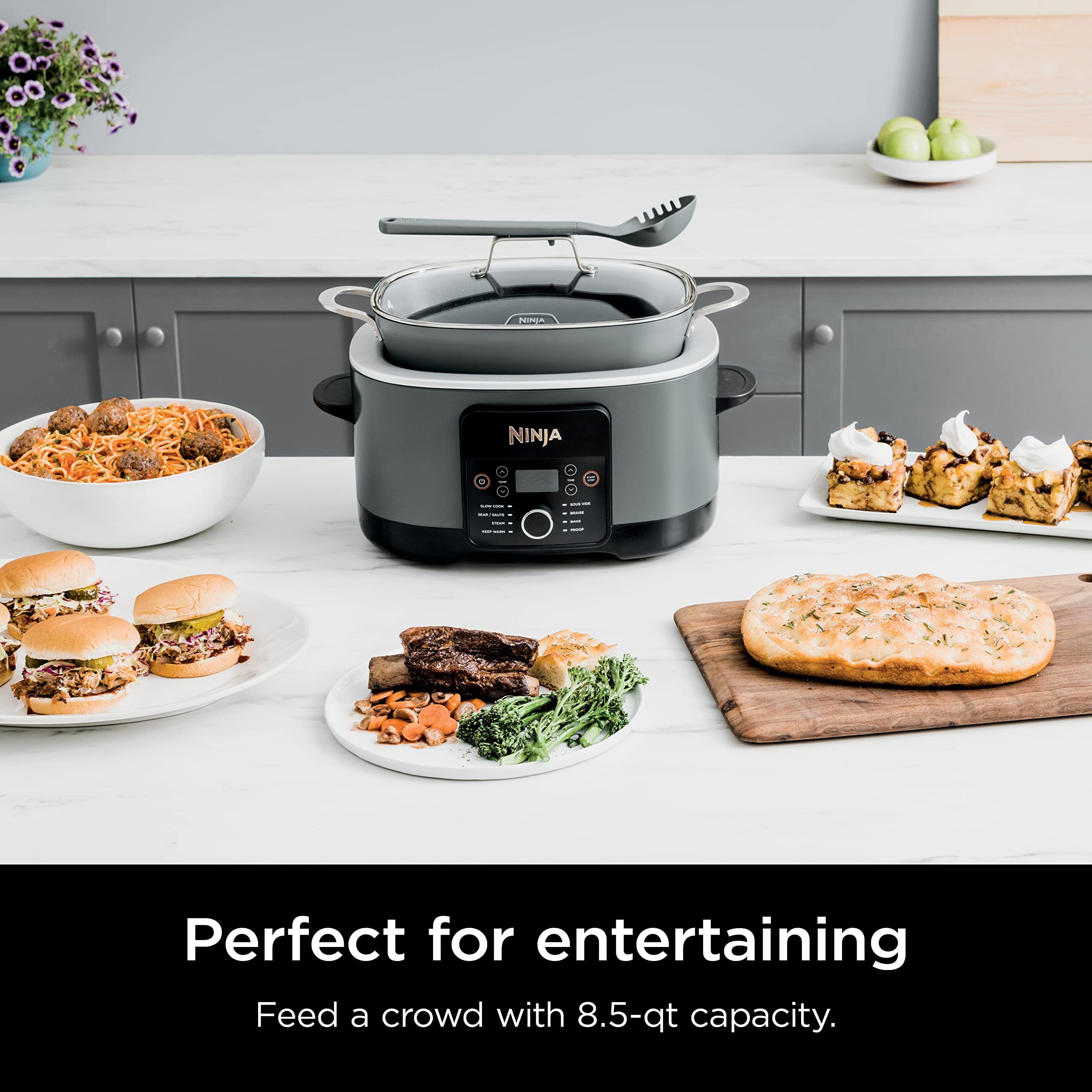 Ninja MC1001C Foodi PossibleCooker PRO 8.5 Quart 8-in-1 Multi-Cooker - Slow Cooker, Dutch Oven, Steamer, Rice Cooker, Yogurt Maker & More with Glass Lid & Nonstick Oven-Safe Pot (500°F) - Sea Salt Gray - Perfect for Meal Prep, Family Dinners & Entertaining
