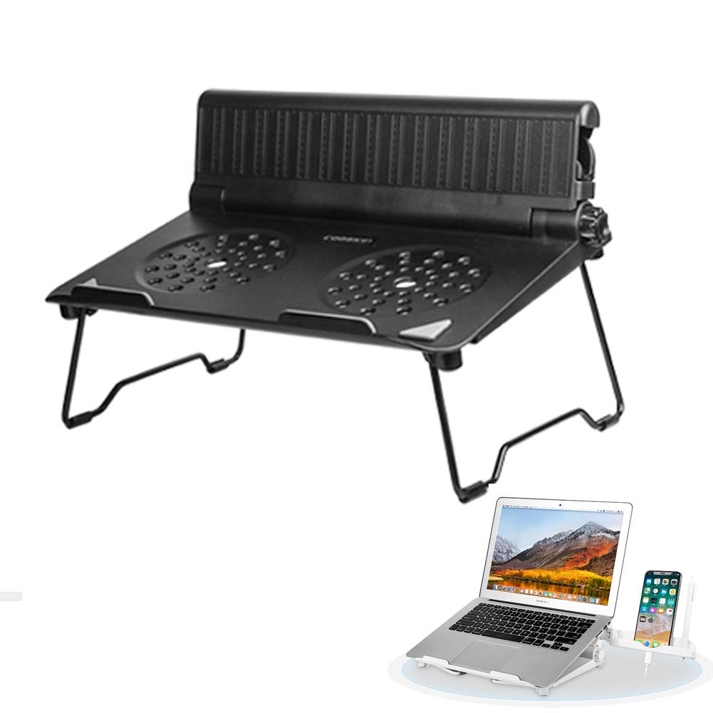 Lightweight Ventilated Laptop Stand with Adjustable Phone Holder - Foldable & Portable Riser for 13-17 Inch Notebooks (Black) - Perfect for Home Office, Gaming & Travel Use