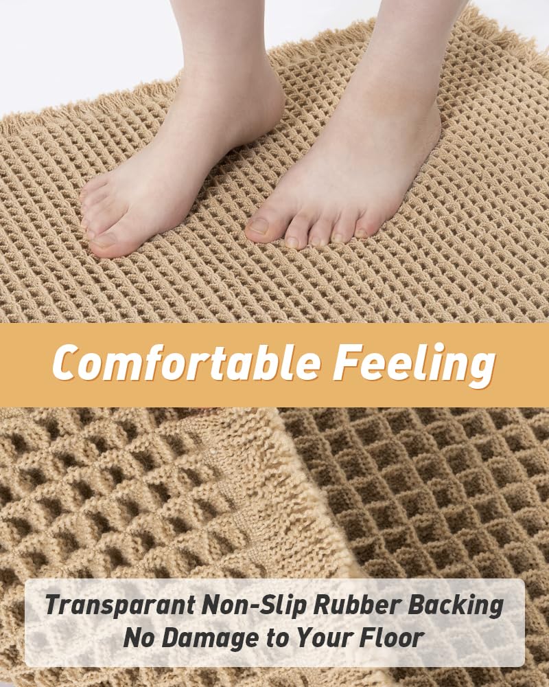 AMOAMI Upgraded Waffle Bath Mat - Super Absorbent Non-Slip Bathroom Floor Mat with Rubber Backing | Ultra Soft Machine Washable Tassel Rug (18
