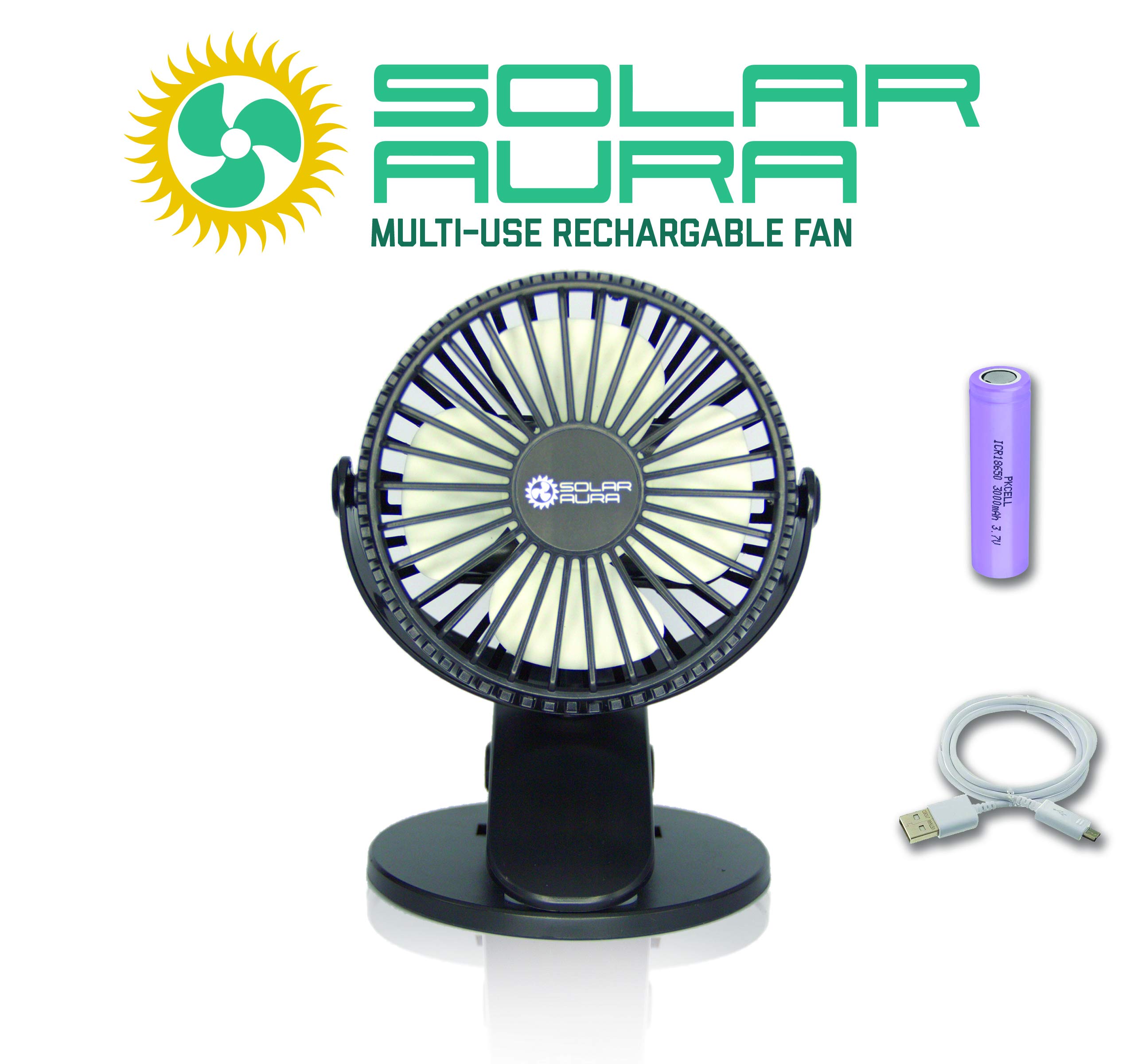 Solar Aura - Rechargeable Clip-On Mini Desk Fan with Solar Panel, Portable Stroller Fan for Baby, Office & Home Use - Black (Ideal for Nursery, Car Seat, Workstation & Outdoor Activities)
