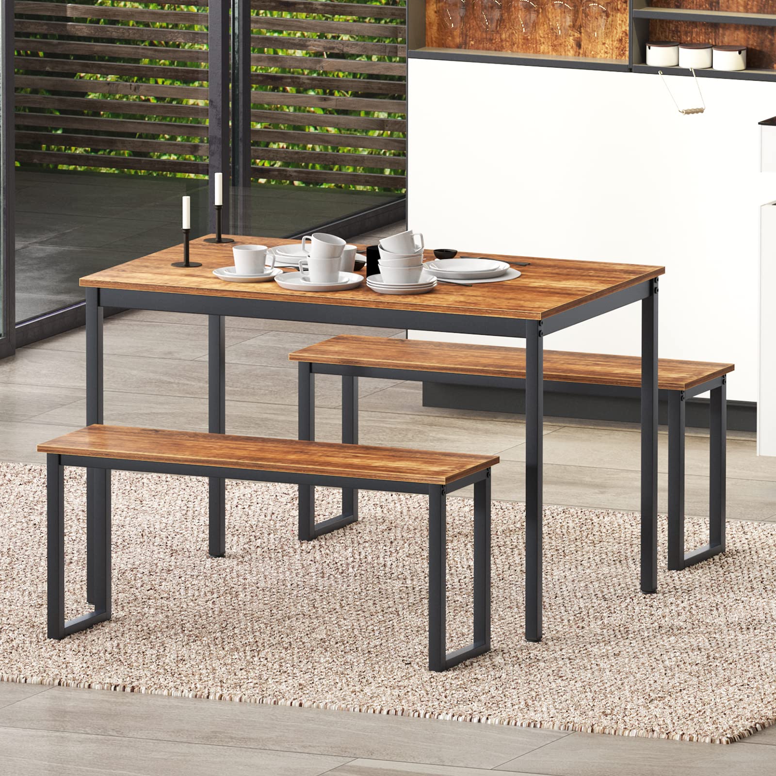 DLANDHOME 4-Piece Industrial Style Wooden Dining Table Set with 2 Benches - Perfect for Small Kitchens, Apartments & Breakfast Nooks | Modern 3-Piece Kitchen Table Set for Dining Room, Coffee Time & Family Gatherings