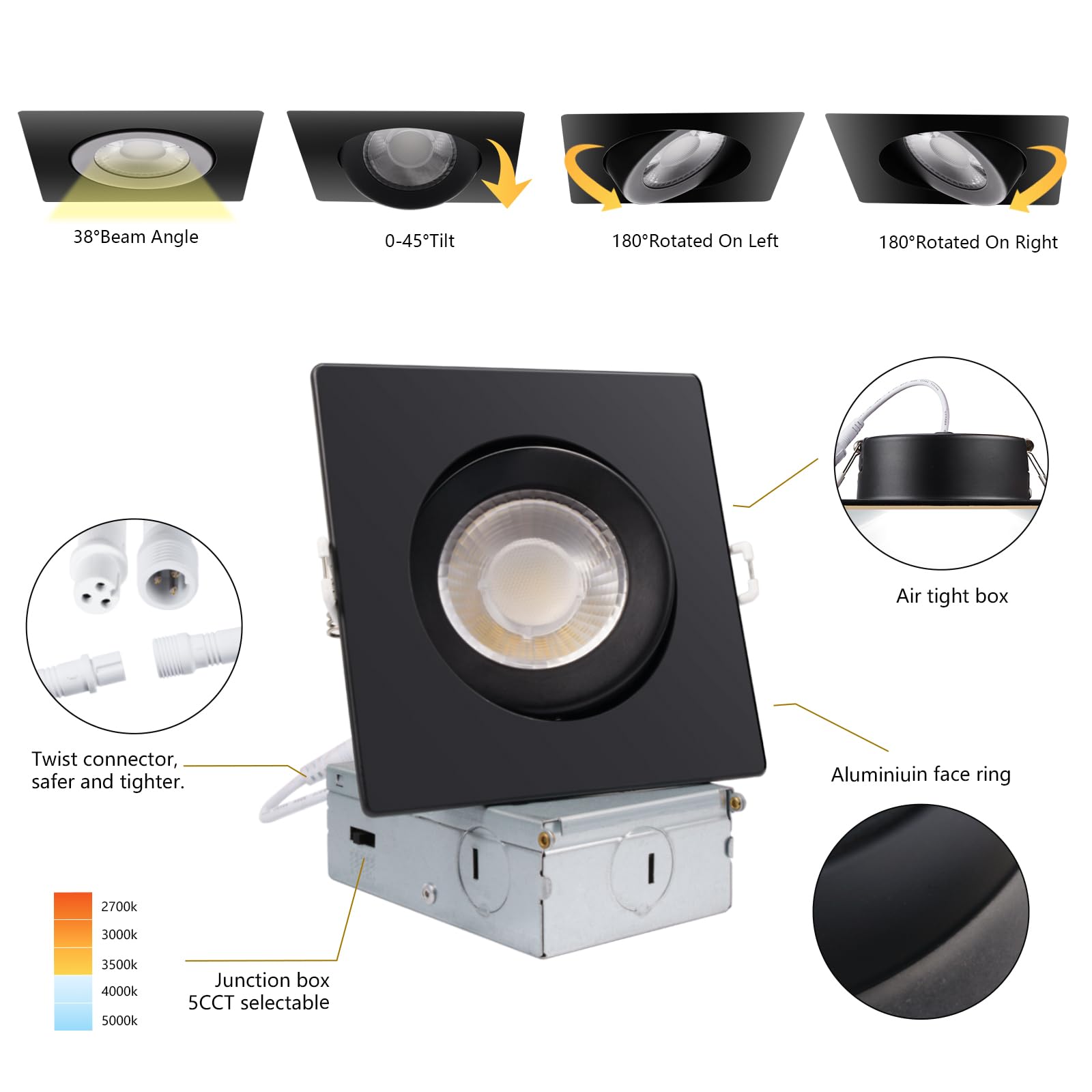 6 Pack Square Black LED Recessed Ceiling Lights with Junction Box - 5CCT Selectable, 9W 750LM, Dimmable Slim Downlight - ETL Listed - Perfect for Kitchens, Living Rooms & Bedrooms
