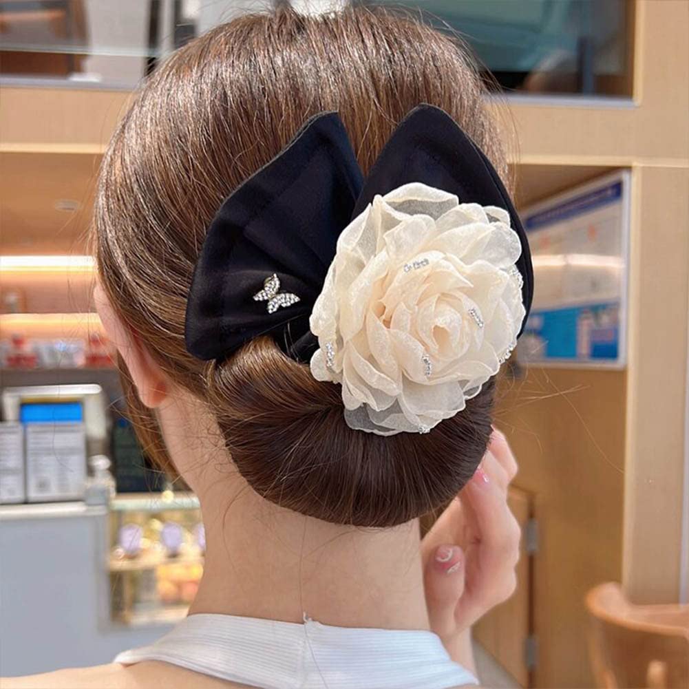 2PCS Flexible Hair Donut Makers for French Twist Hairstyles - Soft Cloth Flower Hair Styling Tools for Women & Girls (Black + Pink) - Perfect for Weddings, Parties & Everyday Elegant Looks
