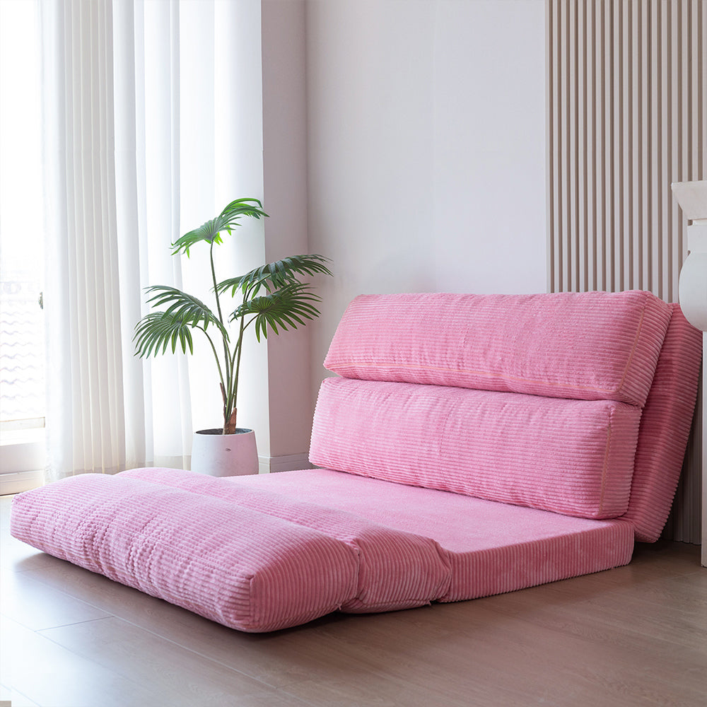 MAXYOYO Folding Sofa Bed - Extra Wide Corduroy Floor Bed in Pink | Convertible Sleeper for Small Spaces, Guest Room & Dorm | Comfortable Lounge Chair for Living Room, Bedroom & Office