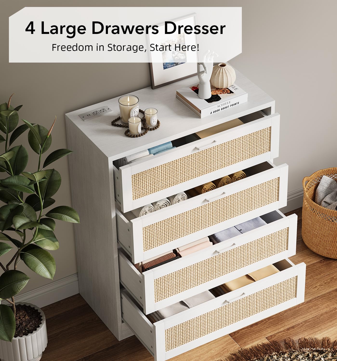 Modern 4-Drawer Rattan Dresser with Power Outlets & Metal Handles - Wooden Chest Organizer for Bedroom, Living Room, Closet, Hallway & Entryway - Perfect for Storage, Charging Devices & Home Organization