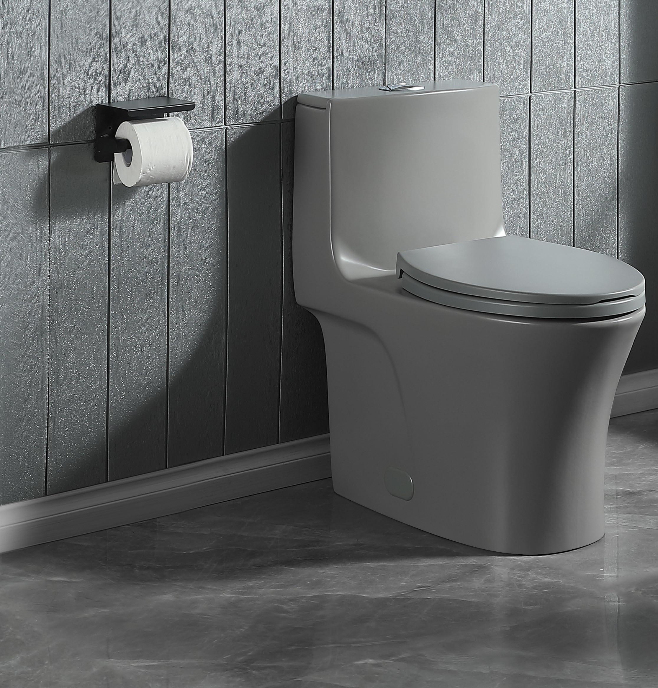 1.1/1.6 GPF Dual Flush One Piece Elongated Toilet with Soft Close Seat - Water Saving 1000g MAP Flushing Standard - Modern Grey Bathroom Toilet for Home & Commercial Use