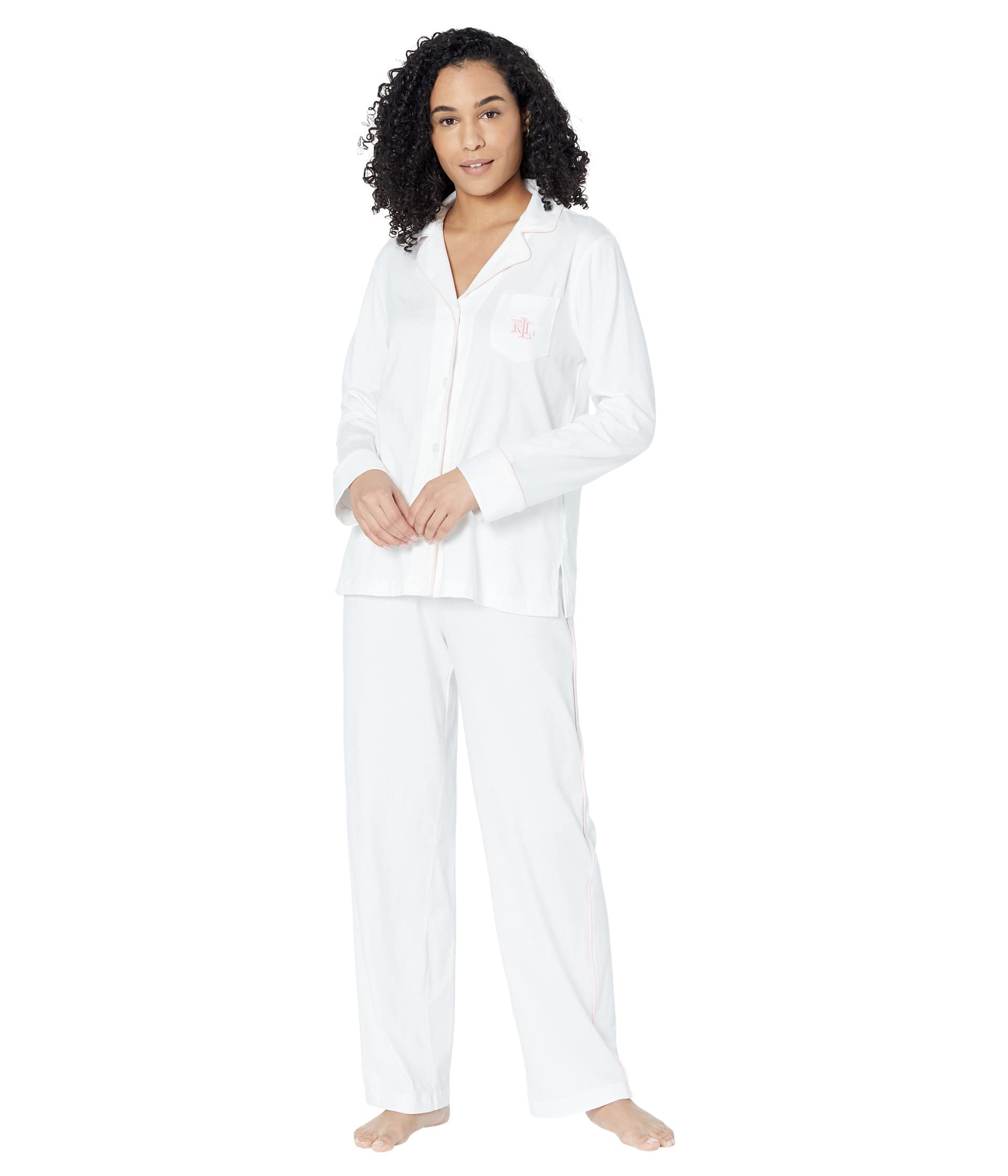 Lauren Ralph Lauren Women's Long Sleeve Notch Collar Pajama Set - Soft Cotton Sleepwear for Lounge & Bedtime Comfort