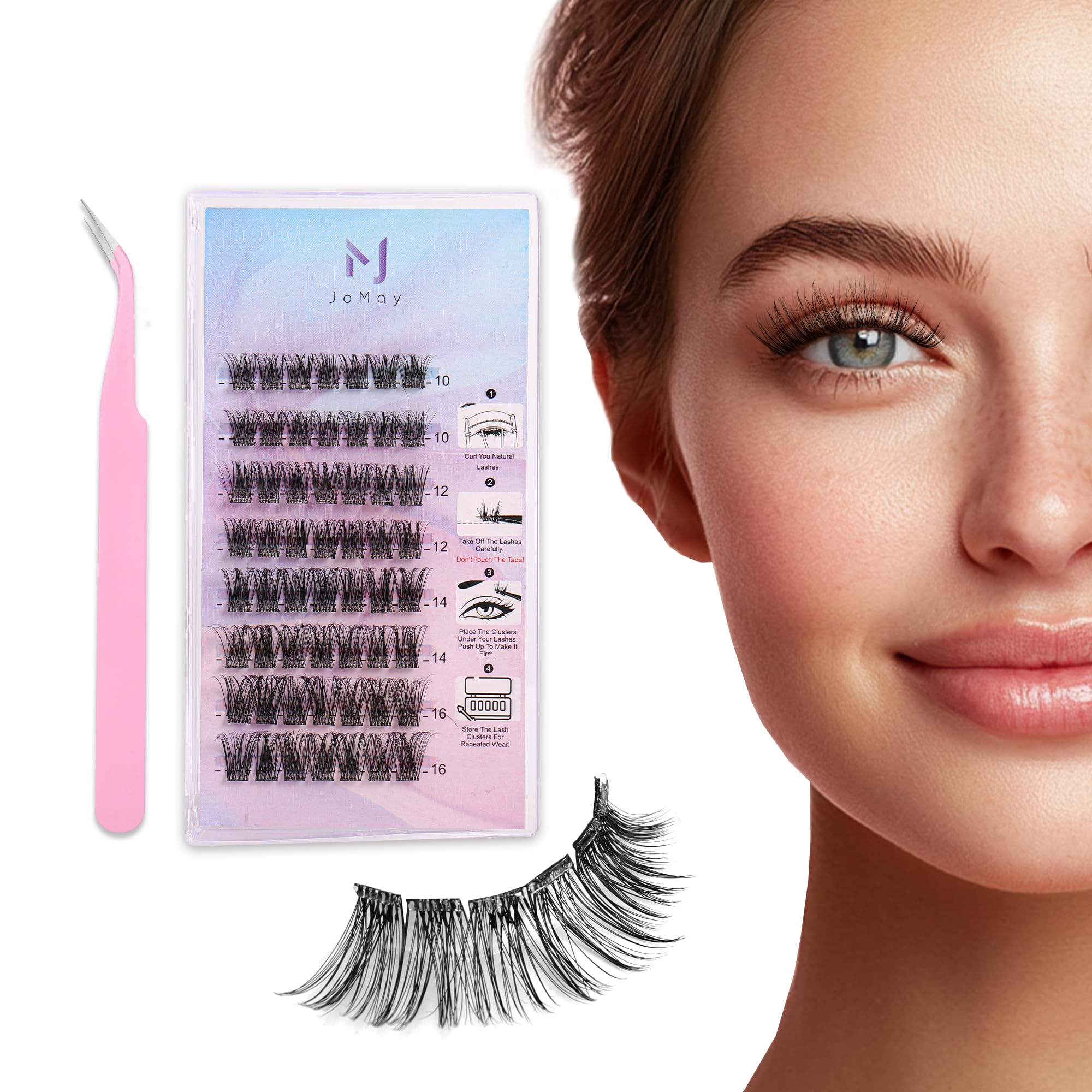 JoMay Self Adhesive Eyelashes - No Glue Press On Lashes D Curl, Natural Lash Clusters, Clear Strips Extension Kit 32PCS (10-16mm) - Easy 1 Step DIY Application for Daily Wear & Special Occasions