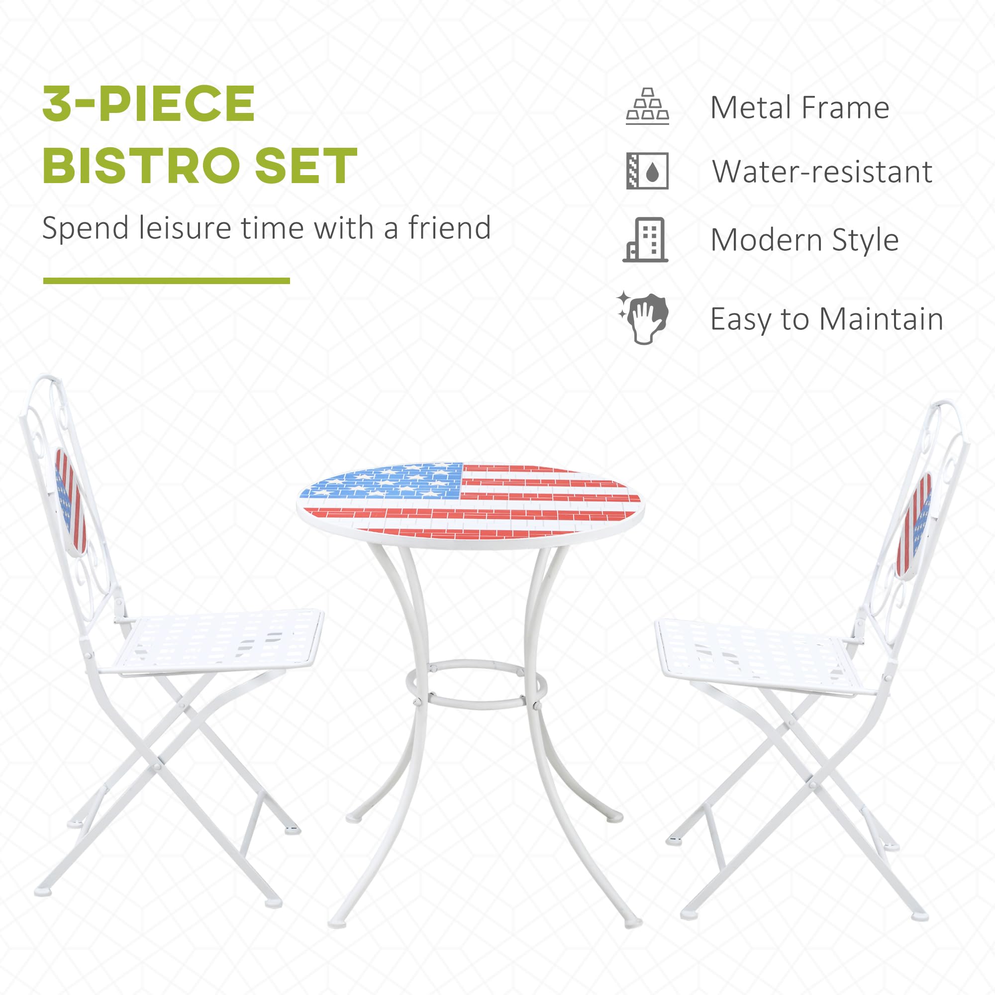 Outsunny 3-Piece Patio Bistro Set - Folding Outdoor Furniture with Mosaic Table & Chairs, Durable Metal Frame for Balcony, Backyard, Poolside, Porch - Perfect for 4th of July BBQ, Summer Parties & Outdoor Relaxation