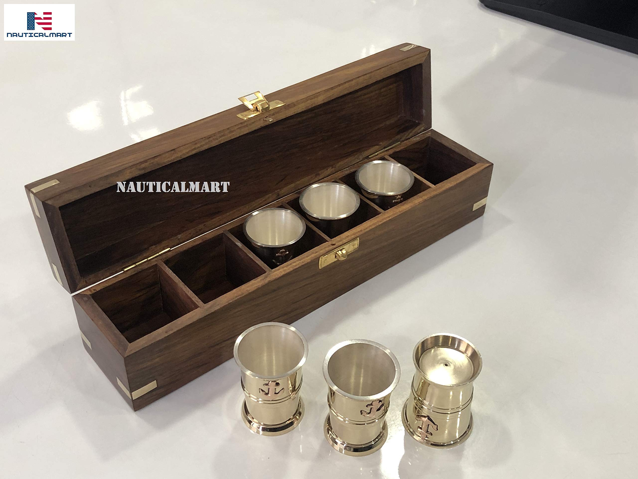 Premium Brass Tequila Shot Glasses Set of 6 with Anchor Engraving - Handcrafted Wooden Gift Box - Perfect for Nautical Themed Parties, Bachelor Celebrations & Home Bar Decor