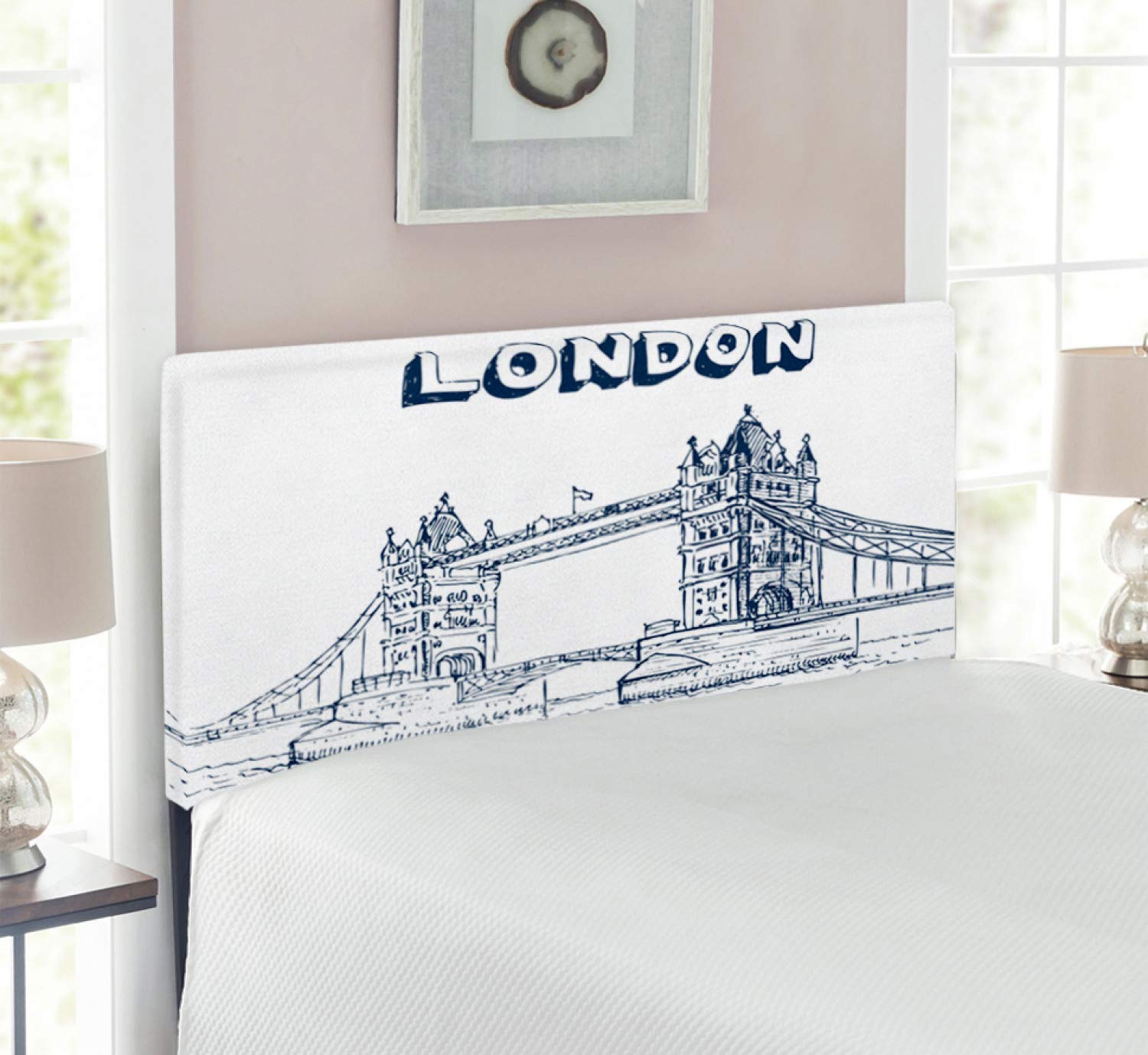 Ambesonne London Headboard - Tower Bridge British Architecture Upholstered Metal Bed Headboard with Memory Foam, Twin Size, Black & White | Perfect for Bedroom Decor, British-Themed Rooms & Travel Lovers