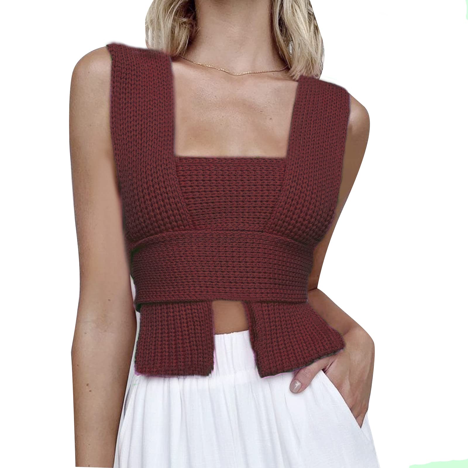 Women's Rib Knit Crisscross Halter Neck Crop Top - Lace Up Bandage Tank Top, Backless Y2K Cami Vest for Summer Outfits, Beach Wear & Party Fashion