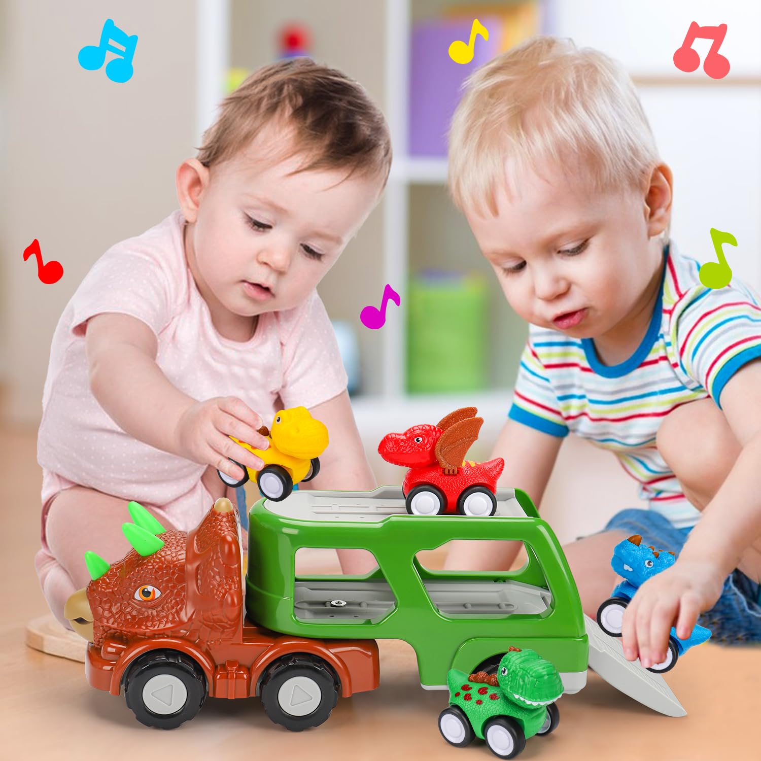 Dinosaur Transport Carrier Truck Toys for Toddlers 1-5 Years Old - 5-in-1 Interactive Play Set with Music & Lights - Best Gift for Boys Age 1-2, 2-3, 3-5 - Perfect for Christmas, Birthday & Pretend Play Scenes