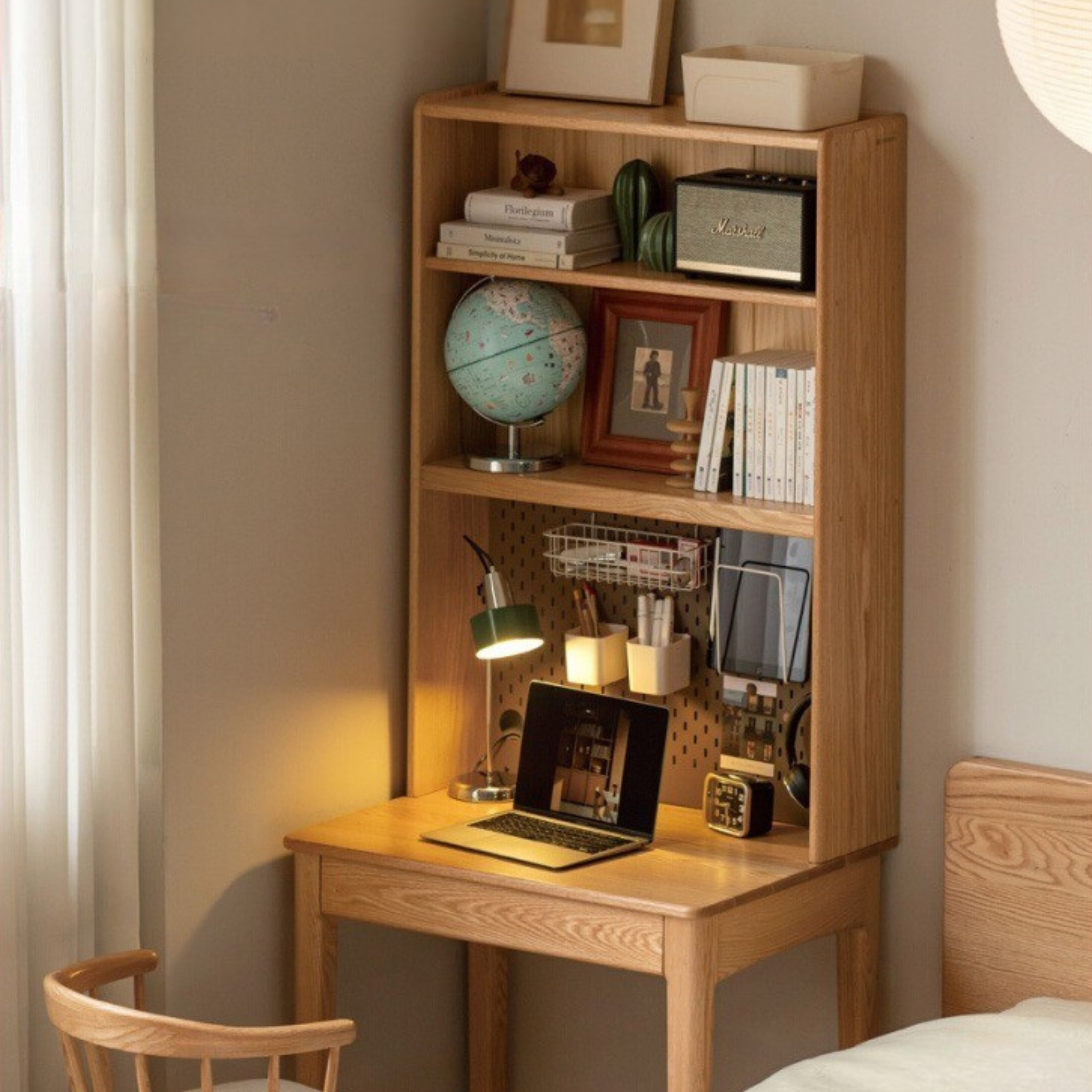 Modern Oak Solid Wood Desk with Bookshelf - Stylish Home Office Furniture for Workspace & Study Room Organization