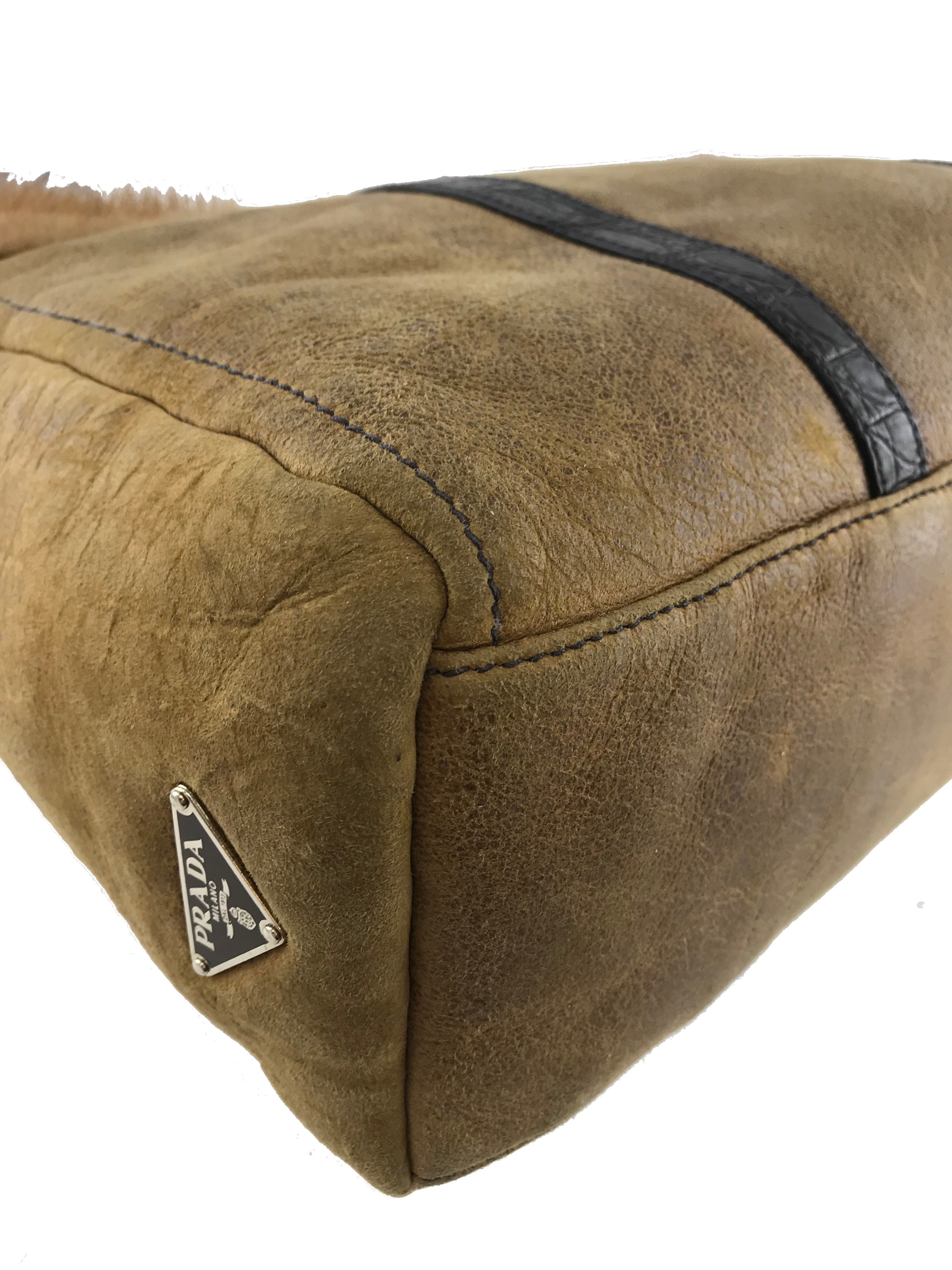 Prada Distressed Leather Mink Fur Tote Bag for Women - Luxury Designer Handbag for Shopping, Work & Travel | Stylish Everyday Purse for Office & Outings
