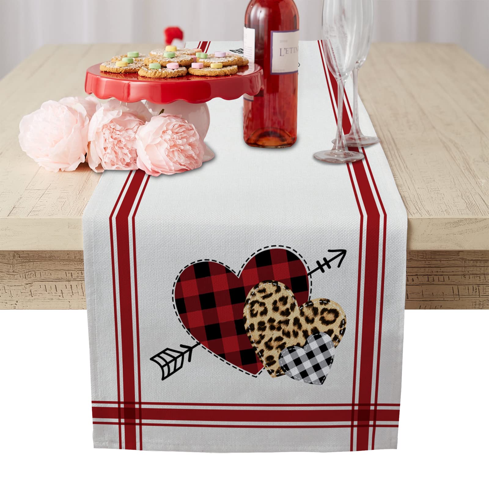 Valentine's Day Table Runner 36 Inches - Love Heart Cotton Linen Tablecloth for Coffee Table, Wedding, Party & Dining Decor | Romantic Red Striped Dresser Scarf | Perfect for Valentine's, Anniversary & Holiday Celebrations