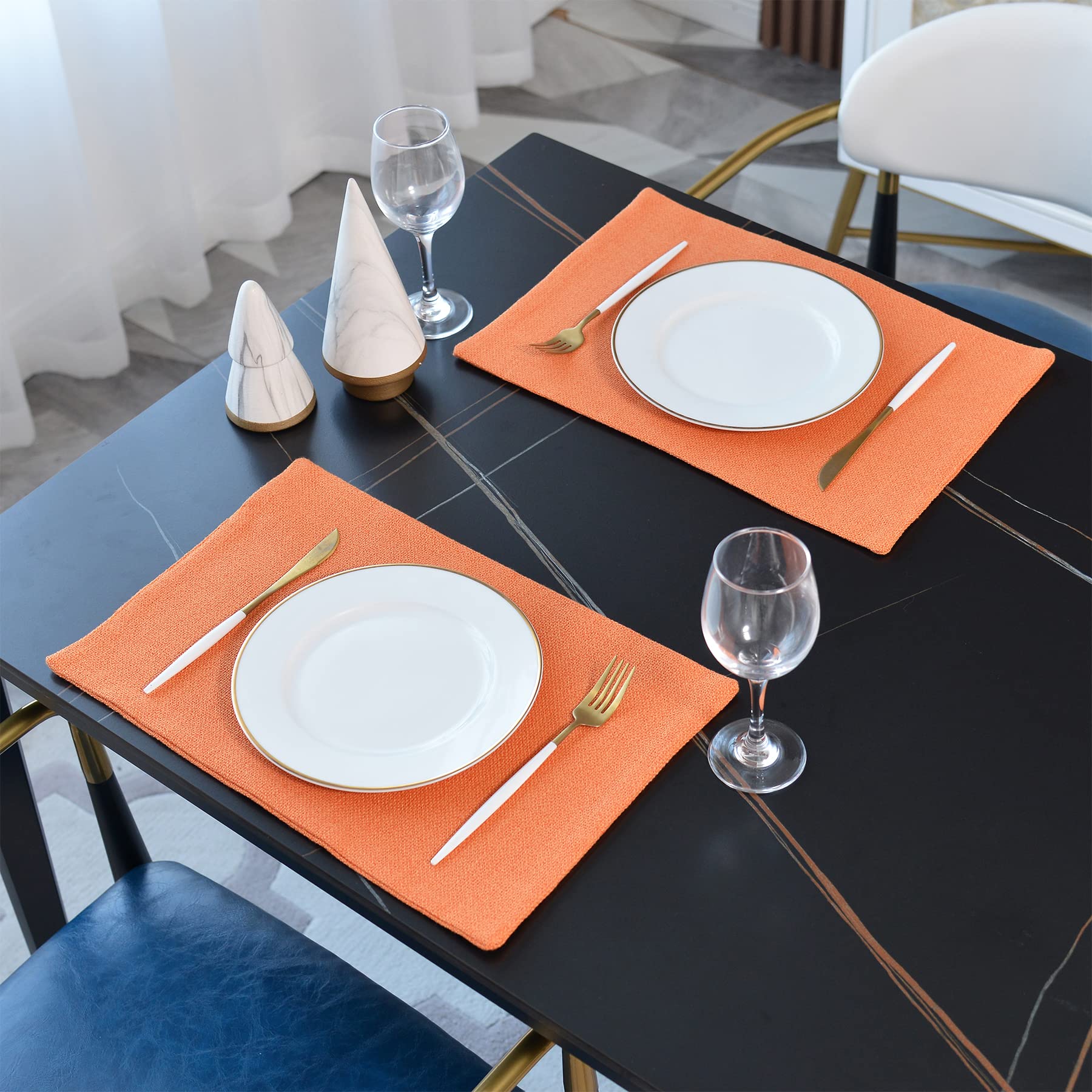 4-Piece 12x18 Inch Heat-Resistant Faux Linen Placemats - Soft Dining Table Mats for Kitchen, Orange - Perfect for Everyday Meals, Dinner Parties & Holiday Decor