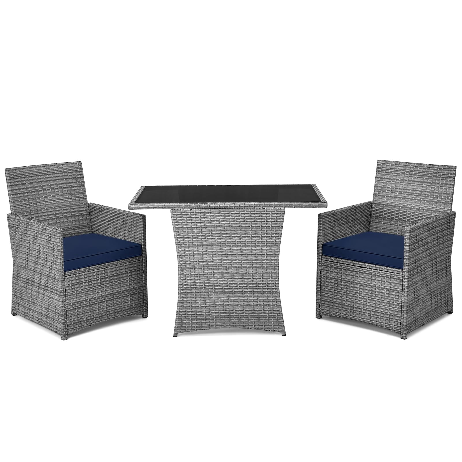 DORTALA 3-Piece Outdoor Rattan Furniture Set - Patio Wicker Conversation Set with Cushions & Coffee Table - Navy Blue Garden Dining Chairs for Backyard, Poolside, Lawn & Outdoor Entertaining