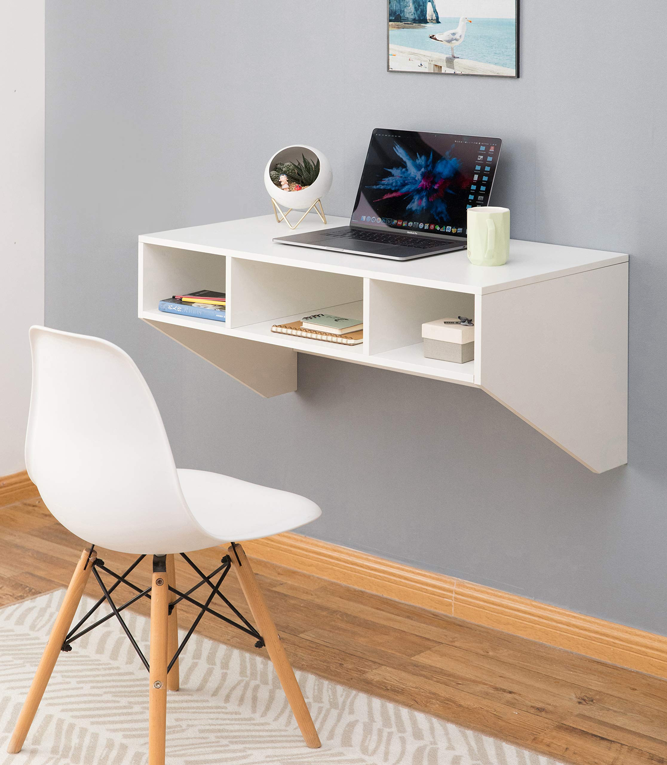 Wall Mounted Office Computer Desk with 3 Compartments - Space Saving Floating Workstation for Small Spaces, Home Office & Study Room - White Modern Design