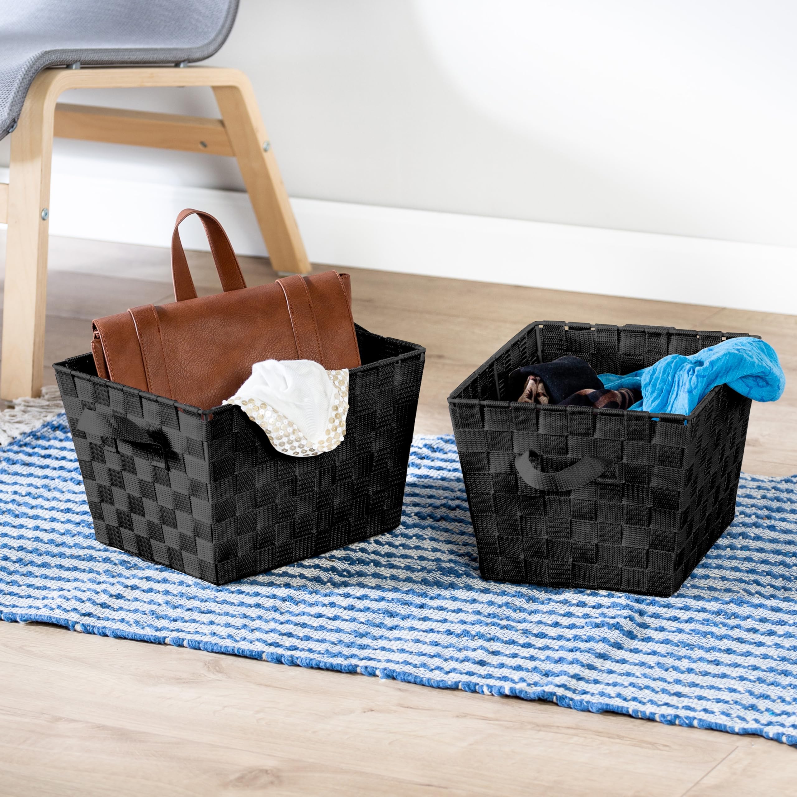 2 Pack Stackable Woven Storage Baskets with Handles - Black Decorative Tote Baskets for Closet, Bedroom, Bathroom & Nursery Organization | Perfect for Toys, Gifts & Home Accessories