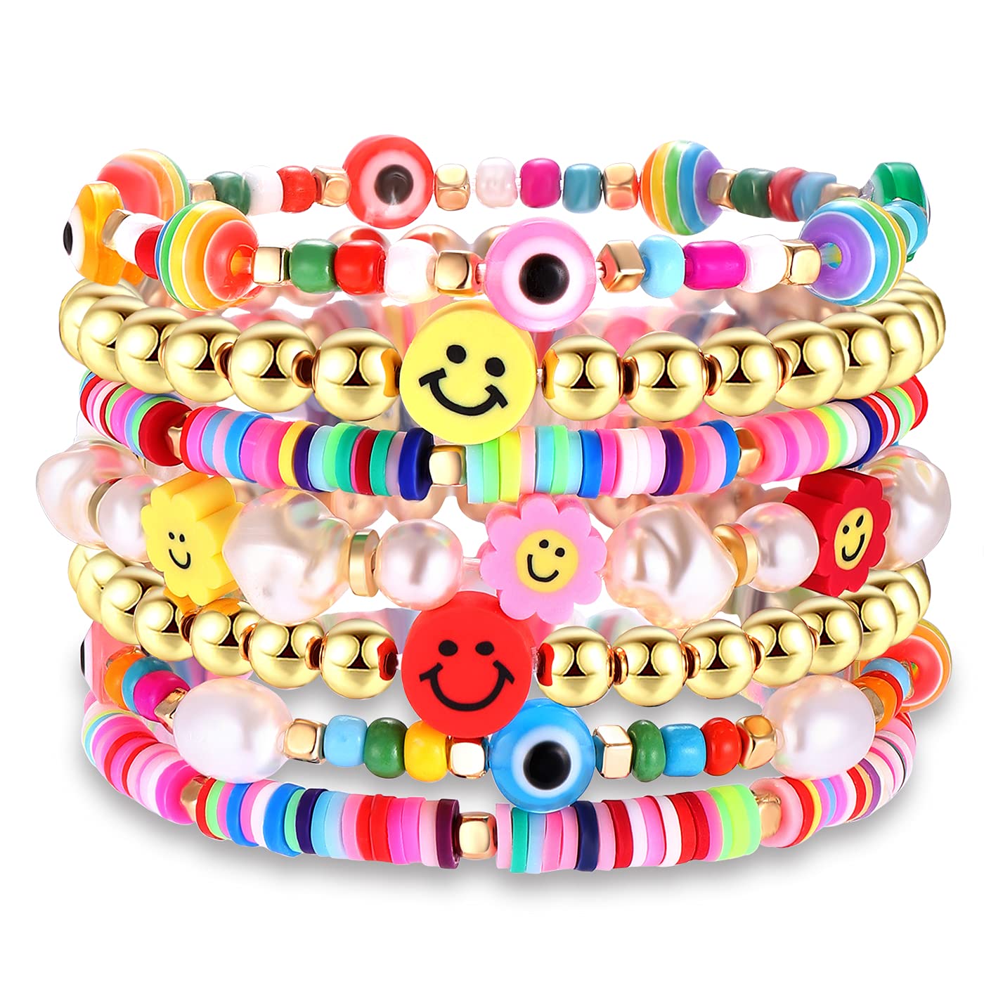 Beaded Stretch Bracelets for Women - Rainbow Heishi Bracelet Set with Colorful Clay Flowers & Evil Eye Gold-tone Beads | Adjustable Summer Beach Jewelry for Parties, Vacations & Everyday Wear