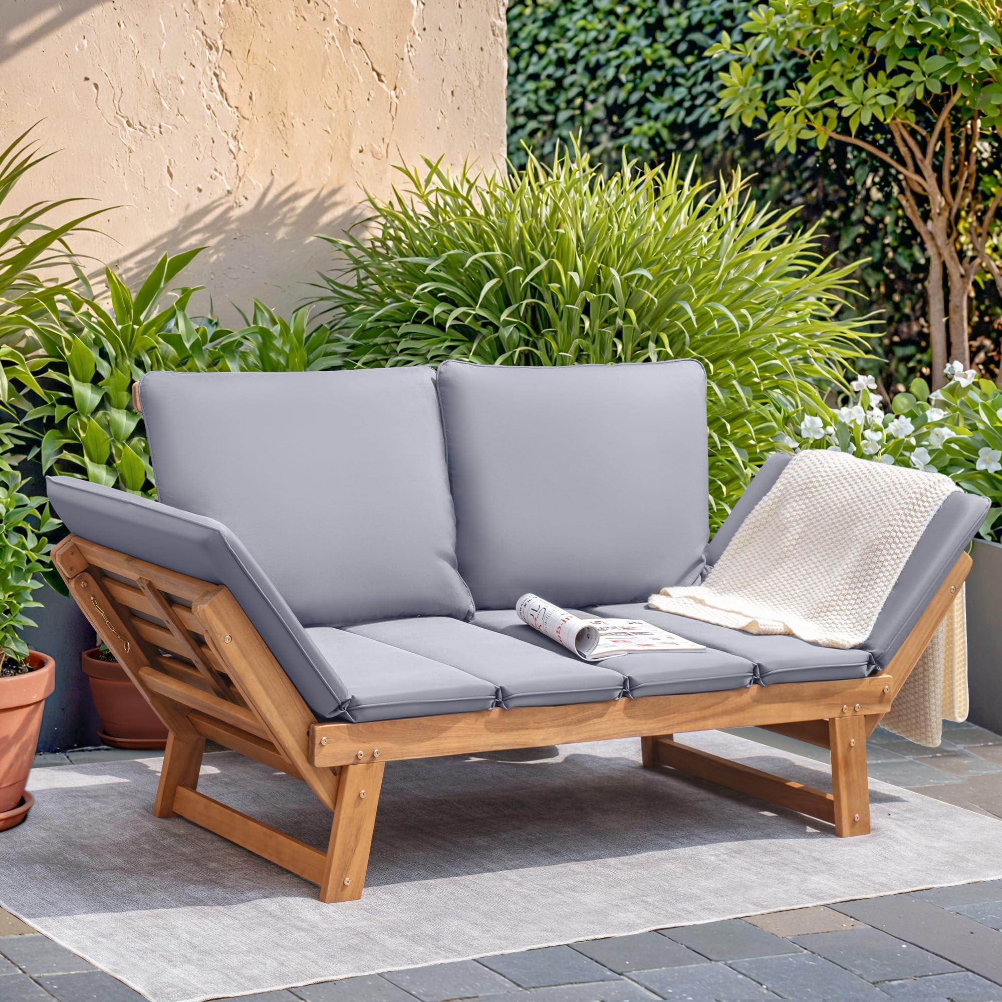 Devoko Outdoor Couch - Acacia Wood Patio Sofa with Adjustable Armrests & Removable Cushions - Convertible Lounge Furniture for Patio, Porch, Poolside, Garden (Grey) - Perfect for Relaxing, Sunbathing and Outdoor Entertaining