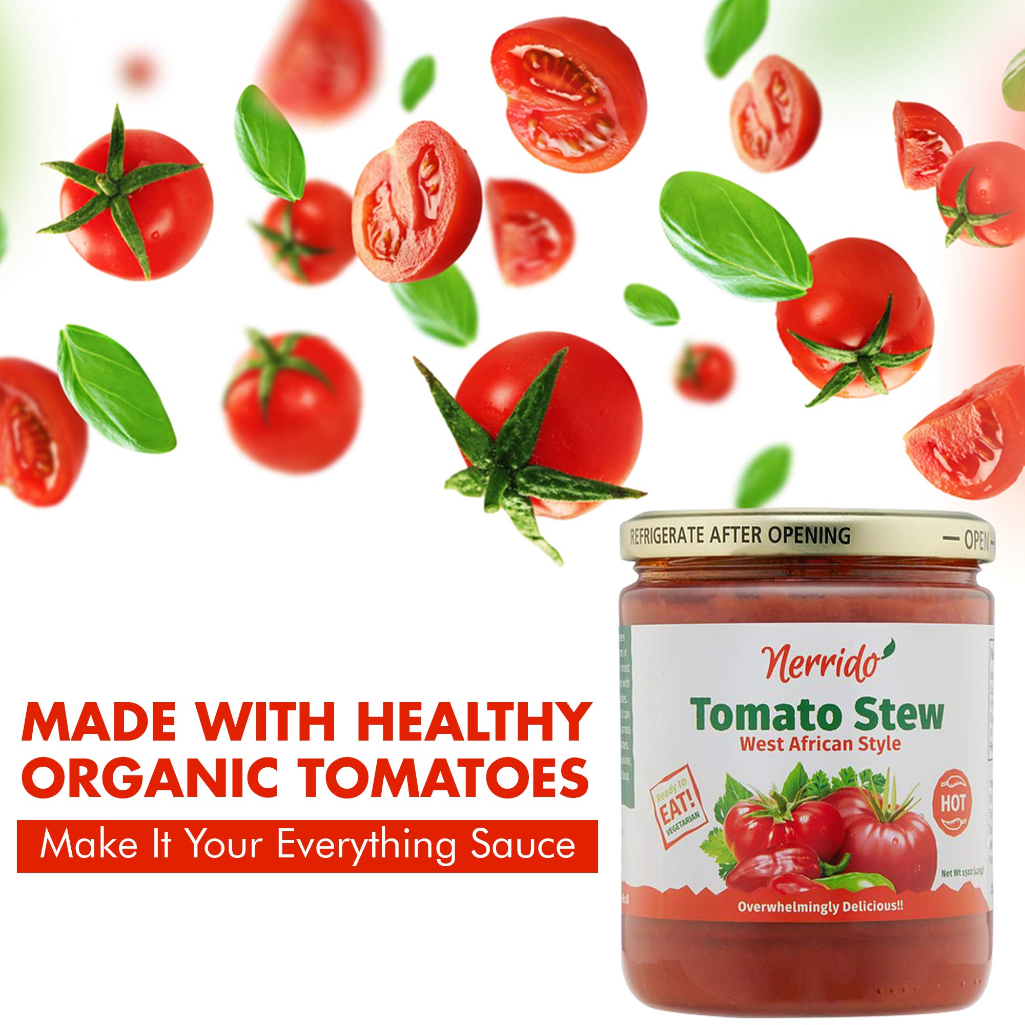 Nerrido African Style Hot Pasta Sauce - Canned Tomato Stew & Jollof Rice Red Sauce with Vegetables and Spices, 16oz (454g) | Perfect for Pasta, Rice Dishes & African Cuisine | Hot Flavor (1 Pack)