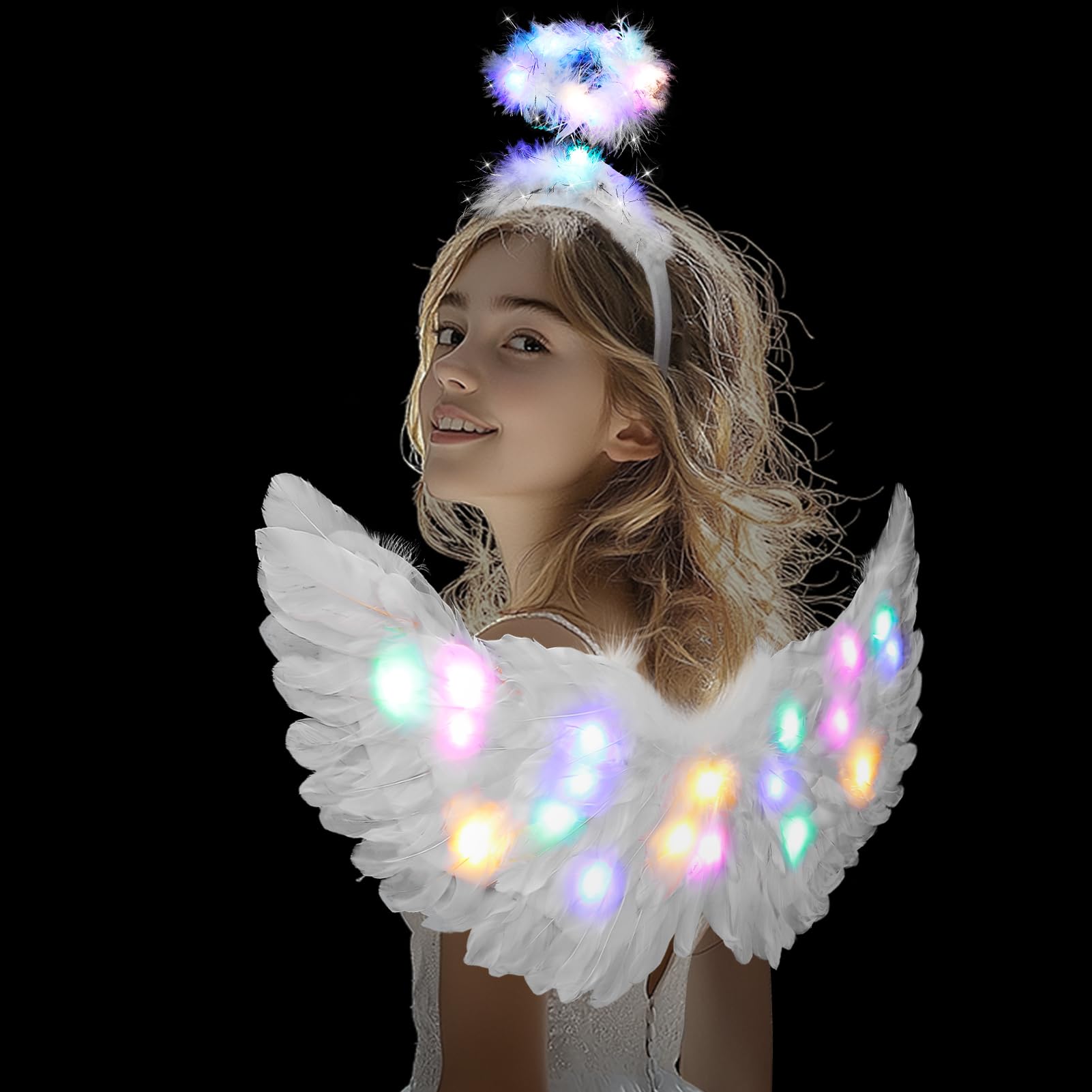 LED Angel Wings and Halo Set - Glow in The Dark Halloween Costume Accessories for Women, Fairy & Cupid Cosplay - Perfect for Halloween Parties, Cosplay Events & Photo Shoots