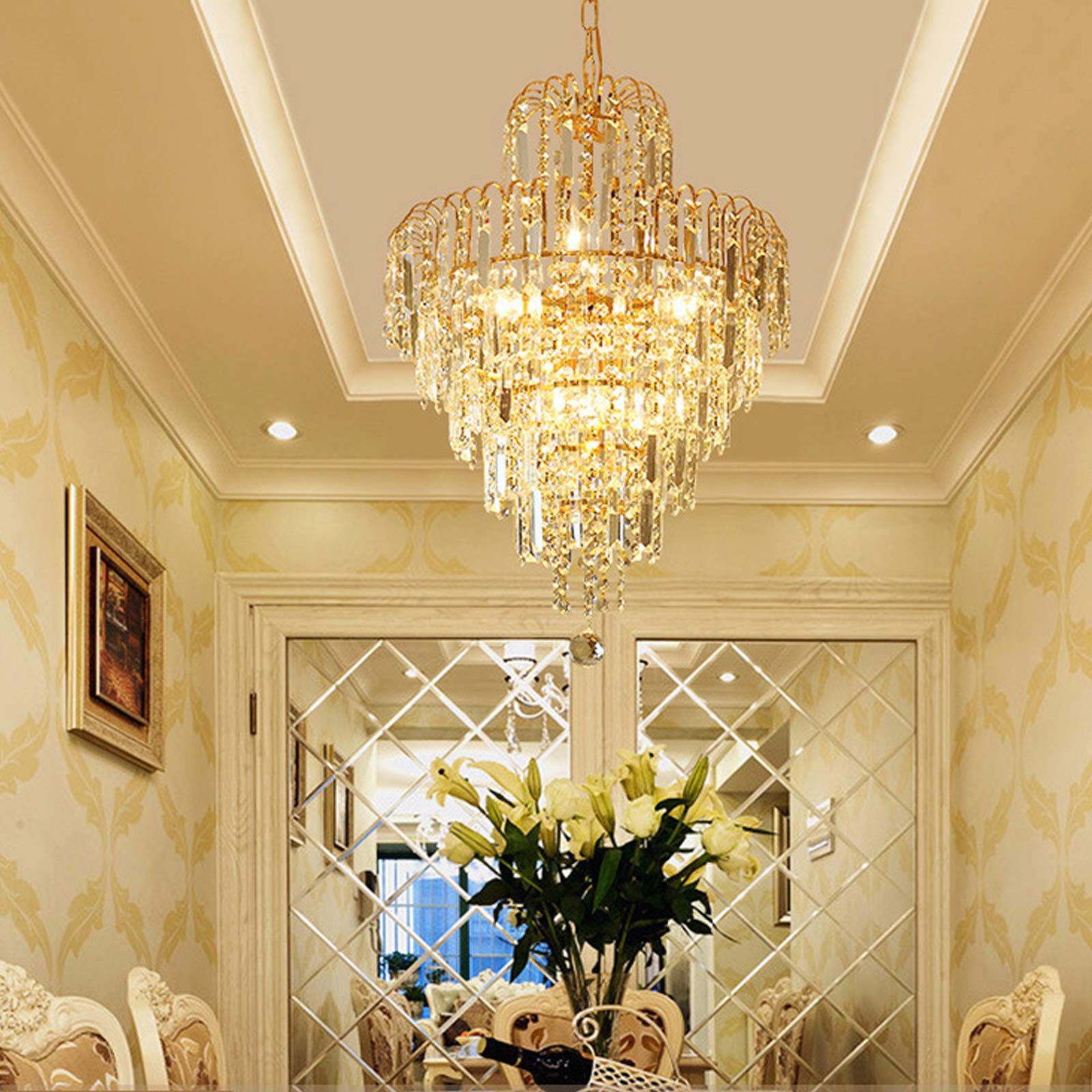 TFCFL Modern Luxury Crystal Chandelier Ceiling Light - 4-Head LED Hanging Lamp with K9 Crystal Lampshade, Energy Saving Pendant Fixture for Bedroom, Living Room, Kitchen & Bar - Perfect for Dining Areas, Entryways and Luxury Home Decor