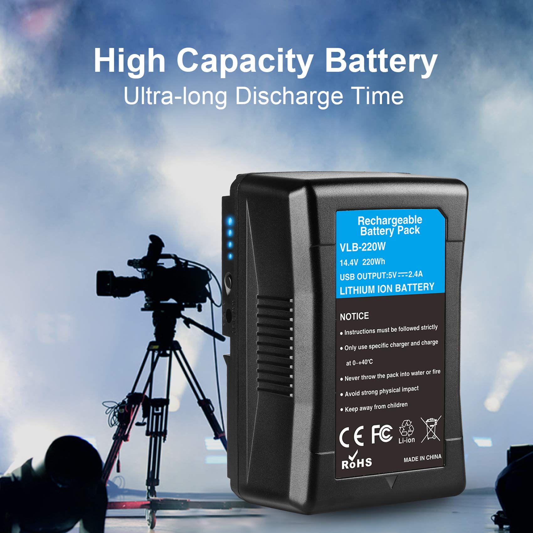 KUNLUN 220Wh 15000mAh V Mount Battery with D-TAP & USB Ports - Compatible with Sony Cameras, Camcorders, LED Lights, Monitors - Power Solution for Filmmaking, Broadcasting & Photography