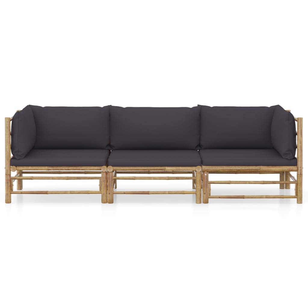 vidaXL 3-Piece Bamboo Patio Lounge Set with Removable Washable Dark Gray Cushions - Scandinavian Style Modular Outdoor Furniture for Garden, Poolside & Backyard Relaxation - Durable Weather-Resistant Sofa Set for Patio Decor