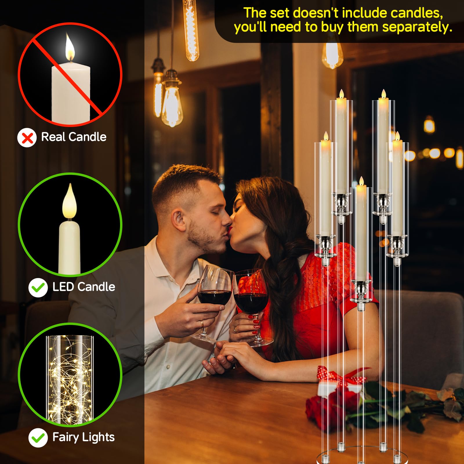 4-Piece Acrylic Candelabra Centerpiece Set - 5-Arm Clear Candlestick Holders with Acrylic Shades for Wedding, Valentine's Day & Dinner Party Decor - Perfect for Table Centerpieces, Fireplace Displays & LED Candle Holders