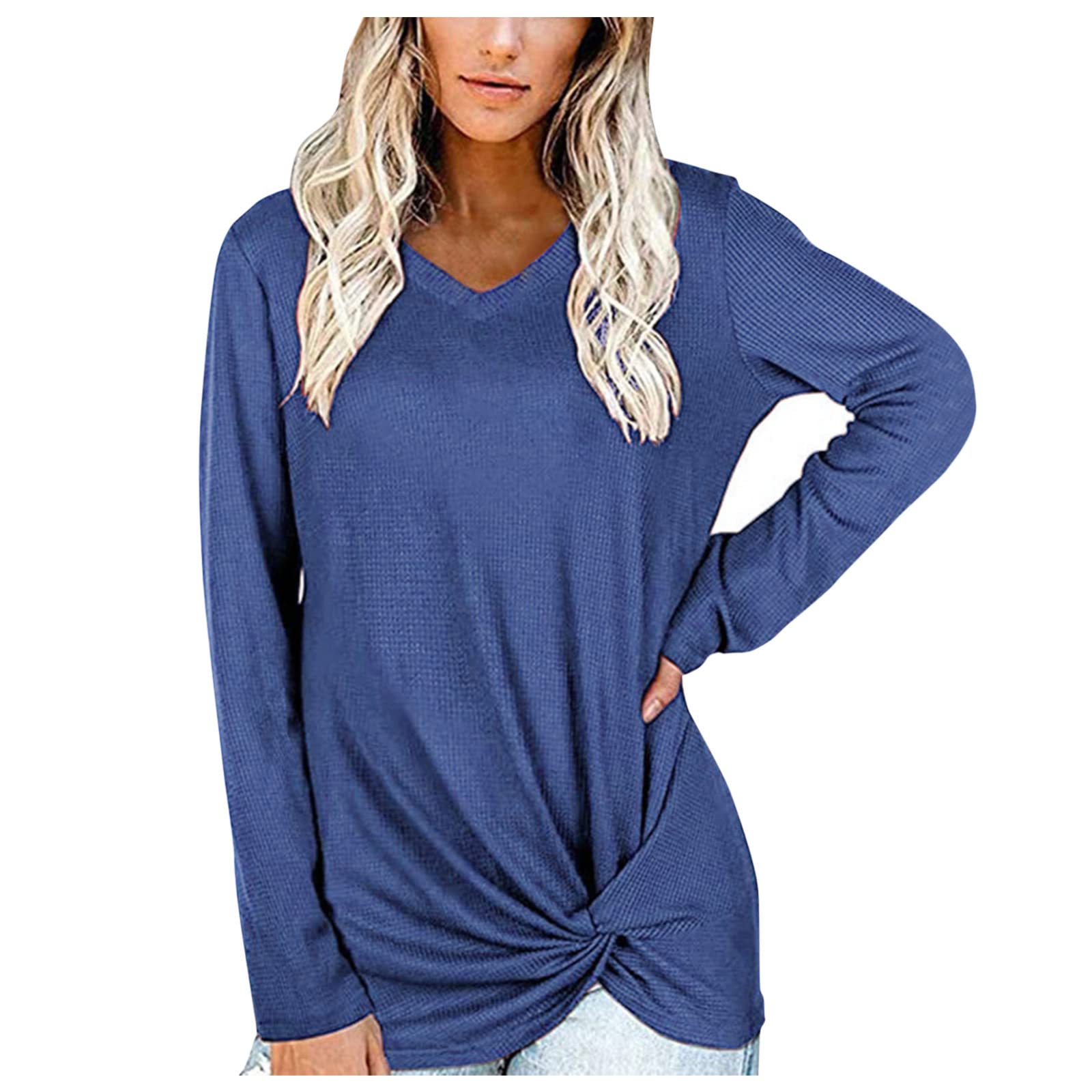 Women's Casual V-Neck Loose Long Sleeve Blouse - Solid Color Summer Tops with Stitching Details | Perfect for Office Wear, Date Night & Weekend Outfits