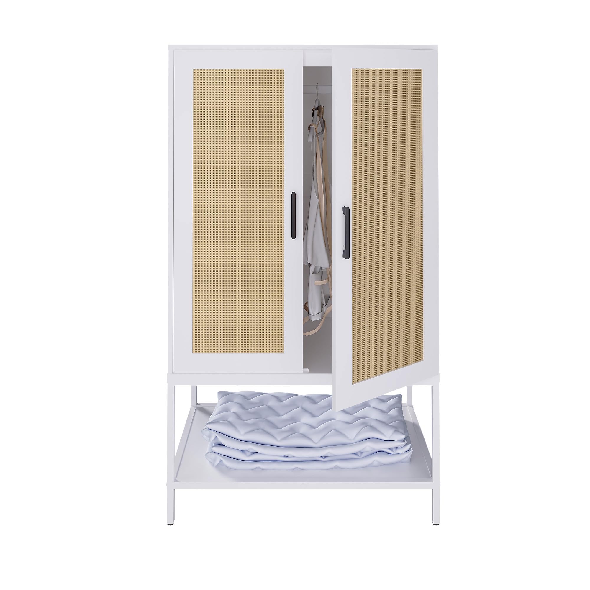Rattan Wardrobe Closet - 2 Door Wooden Armoire with Shelves & Hanging Rod for Bedroom Organization | White Storage Cabinet for Clothes, Shoes & Accessories | Perfect for Small Spaces, Apartments & Dorm Rooms