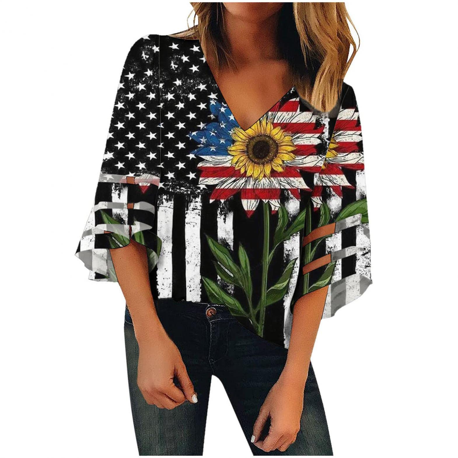 Women's Summer Casual V-Neck Blouse with 3/4 Bell Sleeves & Mesh Panel - Loose Fit Tunic Top for Beach, Office & Date Night Outfits