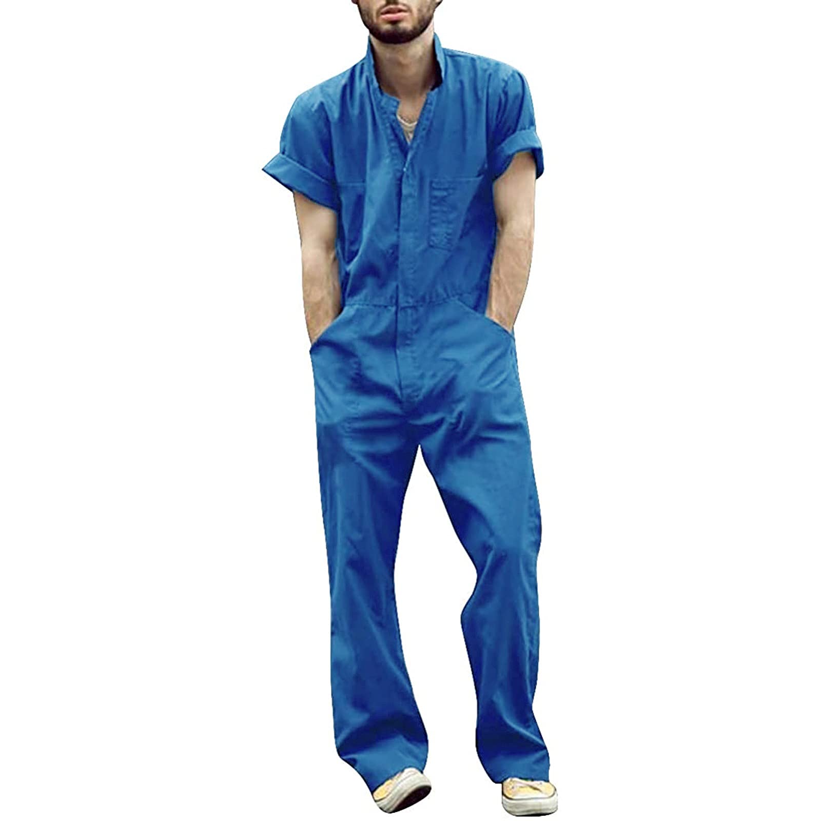 Men's 2-Piece Casual Short Jumpsuit Set - Solid Color Lapel Sleeve Work Outfit with Zip | Perfect for Business Casual, Office Wear & Summer Fashion