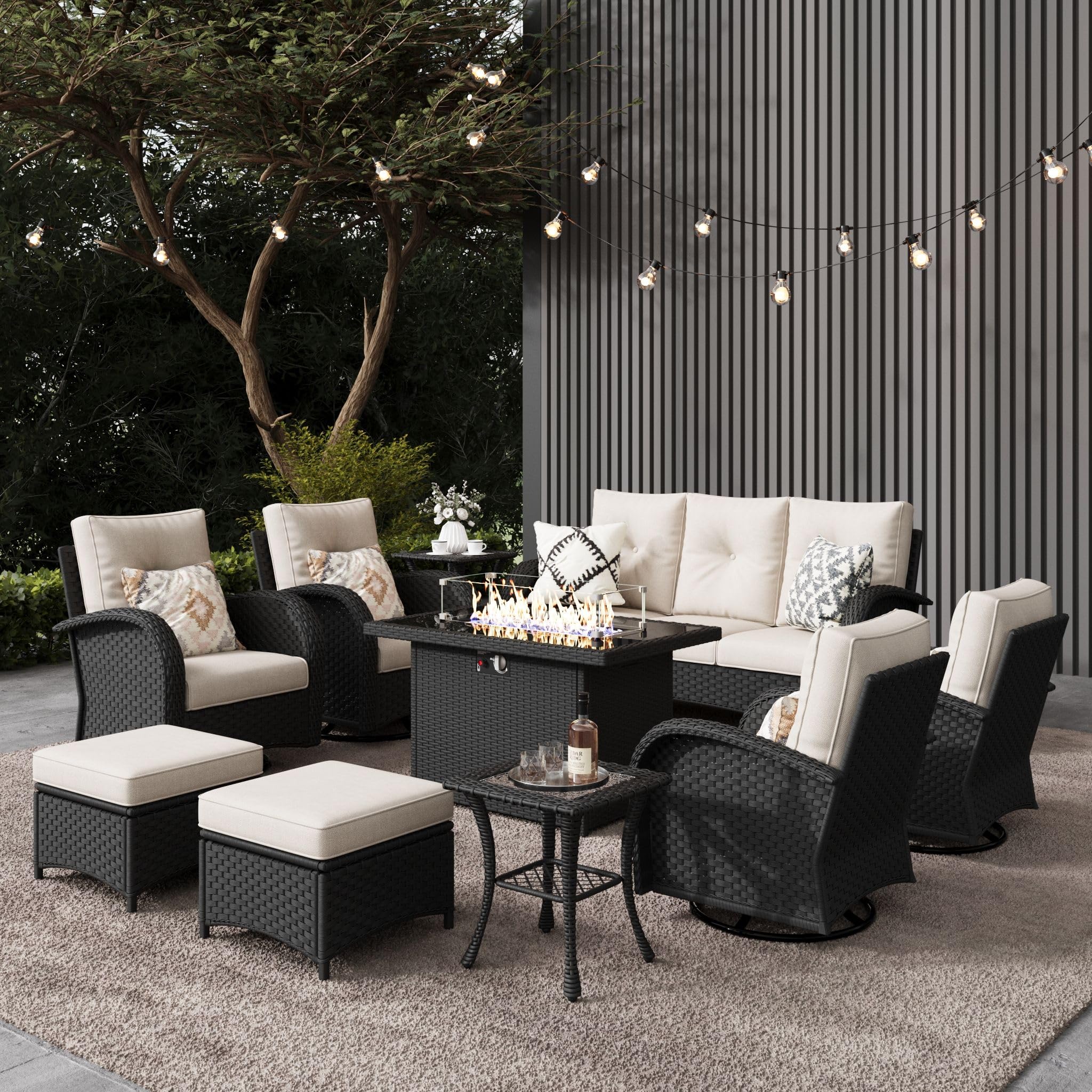 LayinSun 10-Piece Outdoor Patio Furniture Set with Fire Pit Table - Rattan Wicker Sectional Sofa with Swivel Rocker Chairs - Perfect for Backyard, Garden, Poolside & Patio Relaxation