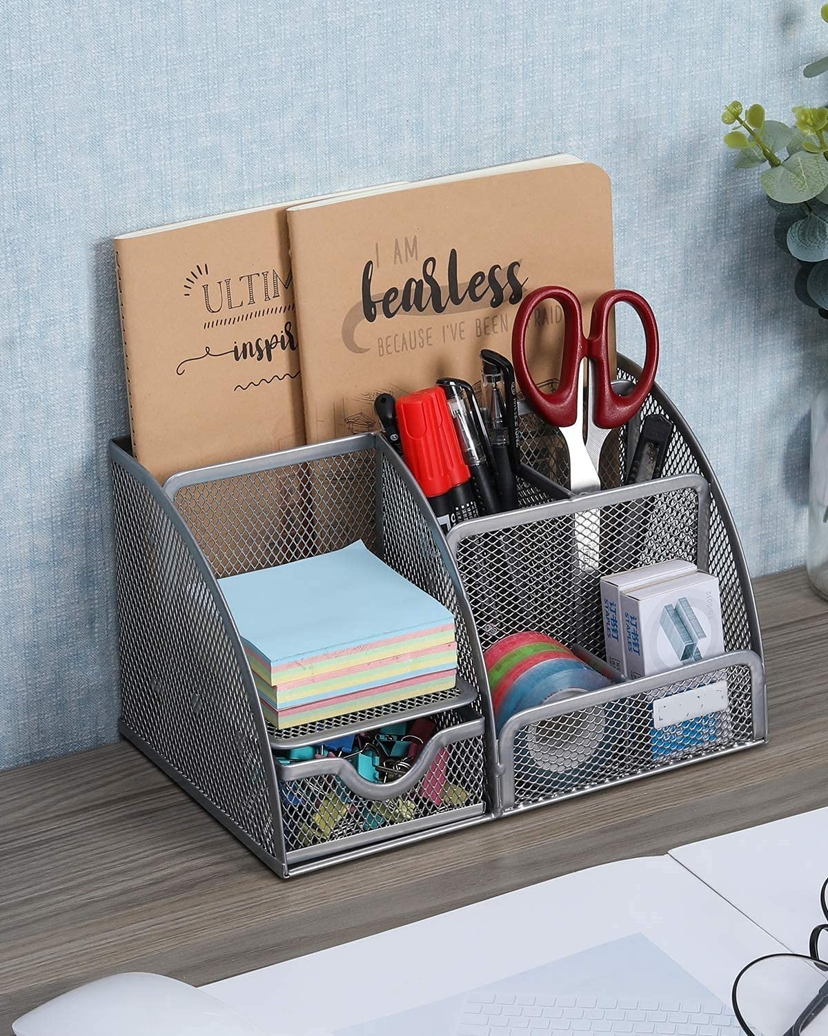 Stylish Silver Gray 6-Compartment Metal Desk Organizer - HomeRoots Office Supplies for Pens, Pencils, Scissors & Stationery - Perfect for Home Office, School & Workspace Organization