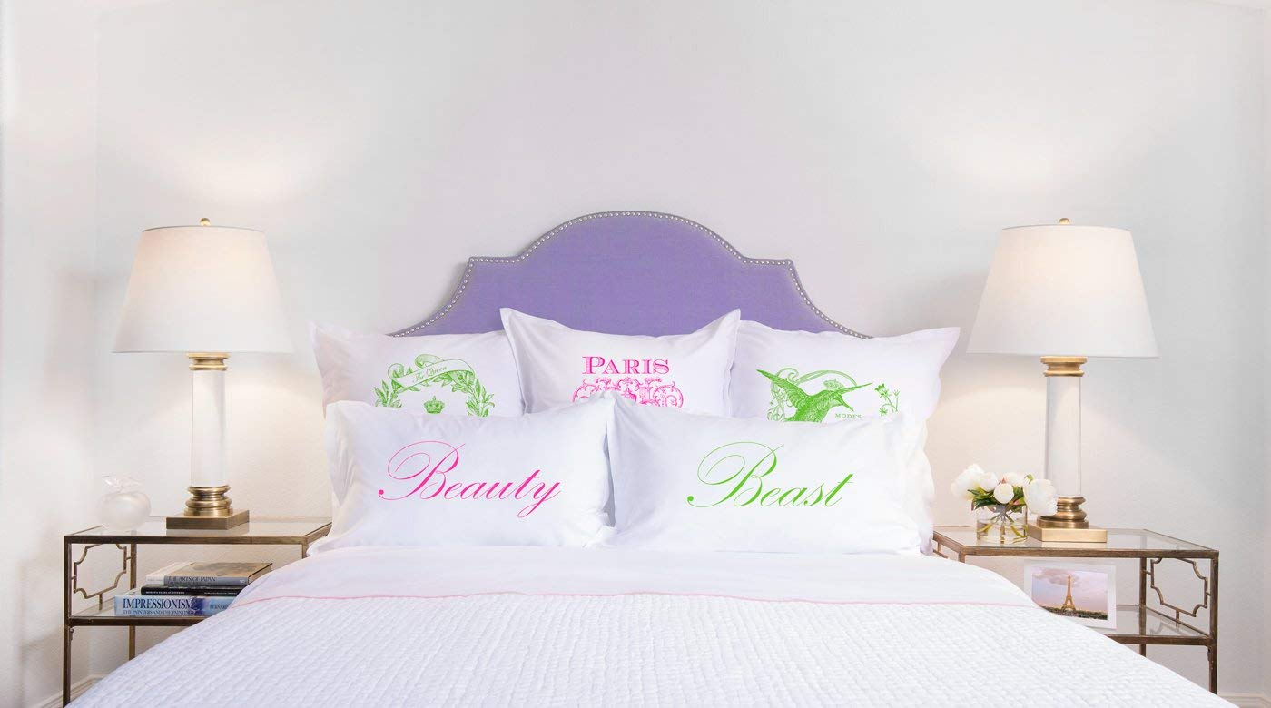 His & Her Pillowcase Set - 2 Standard Queen Pillow Cases (20x30 Inches) - Beauty and Beast Design - Hypoallergenic, Breathable, Anti-Wrinkle - White & Purple - Perfect for Couples, Gifts, and Bedroom Decor