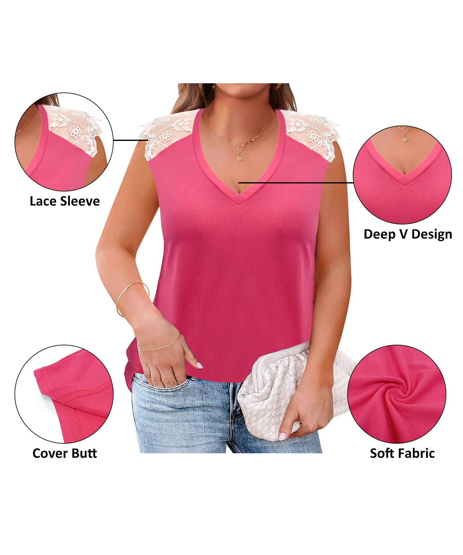 Plus Size Low Cut Tops for Women - Business Casual Blouses with Lace Hollow Out Design - Elegant Tunic Shirts for Office, Date Night & Special Occasions