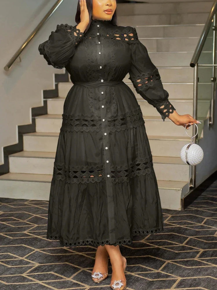 Elegant Hollow Out Lace Mock Neck Lantern Sleeve Midi Dress with Belt - Women's Plus Size Party Club Casual Outfit for Evening Events, Weddings & Date Nights