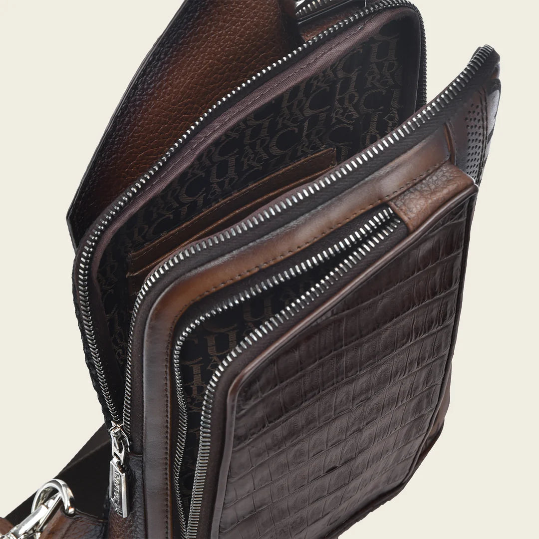 BOC22FC Genuine Caiman Leather Crossbody Messenger Bag for Men - Stylish Brown Casual Fashion Shoulder Bag - Perfect for Work, Travel & Daily Use