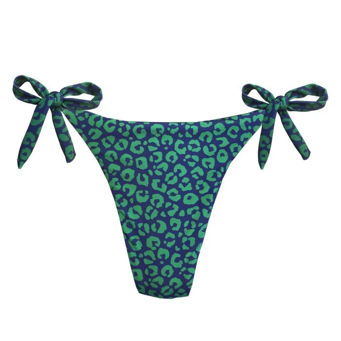 Sexy Blue & Green Jaguar Print Brazilian Tie Side Scrunch Bikini Bottom - High Waisted Swimwear for Beach, Pool & Summer Vacations