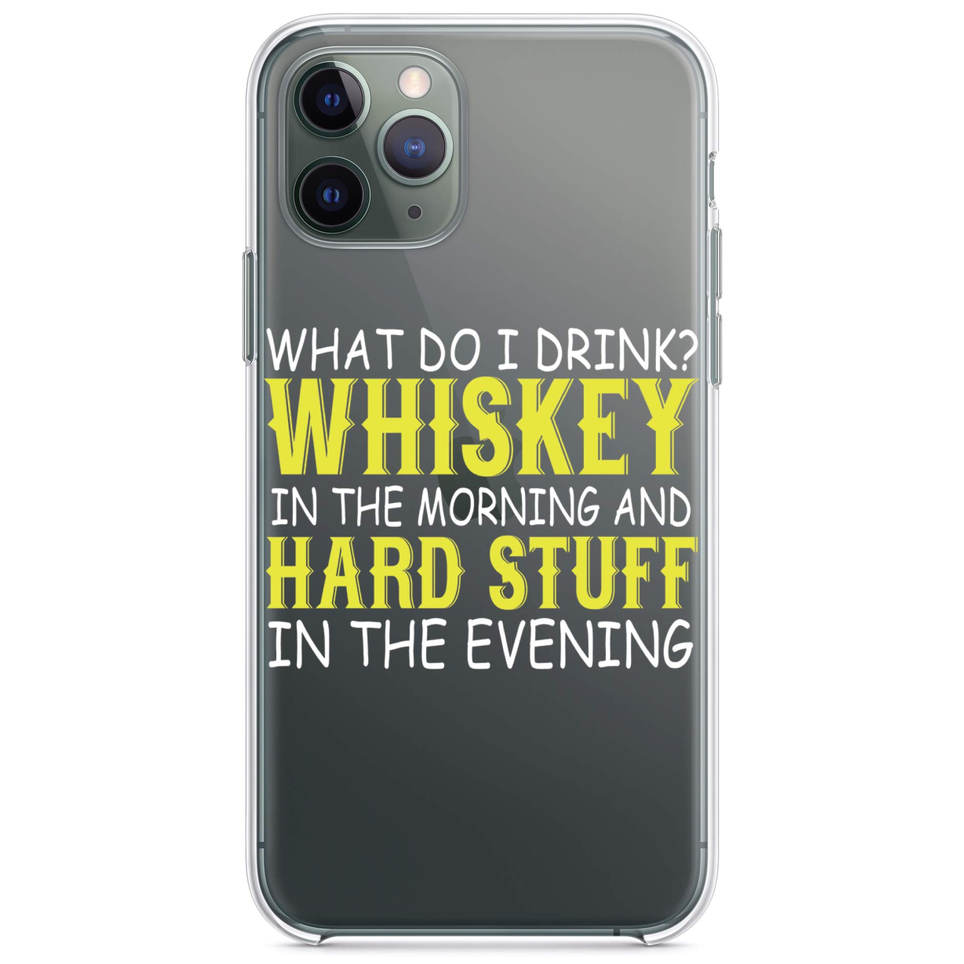 DistinctInk Clear Shockproof Hybrid Case for iPhone 13 Pro MAX (6.7 Inch) - Durable TPU Bumper & Acrylic Back with Tempered Glass Screen Protector - Whiskey in The Morning & Hard Stuff Evening Design - Perfect for Daily Use, Travel & Outdoor Activities