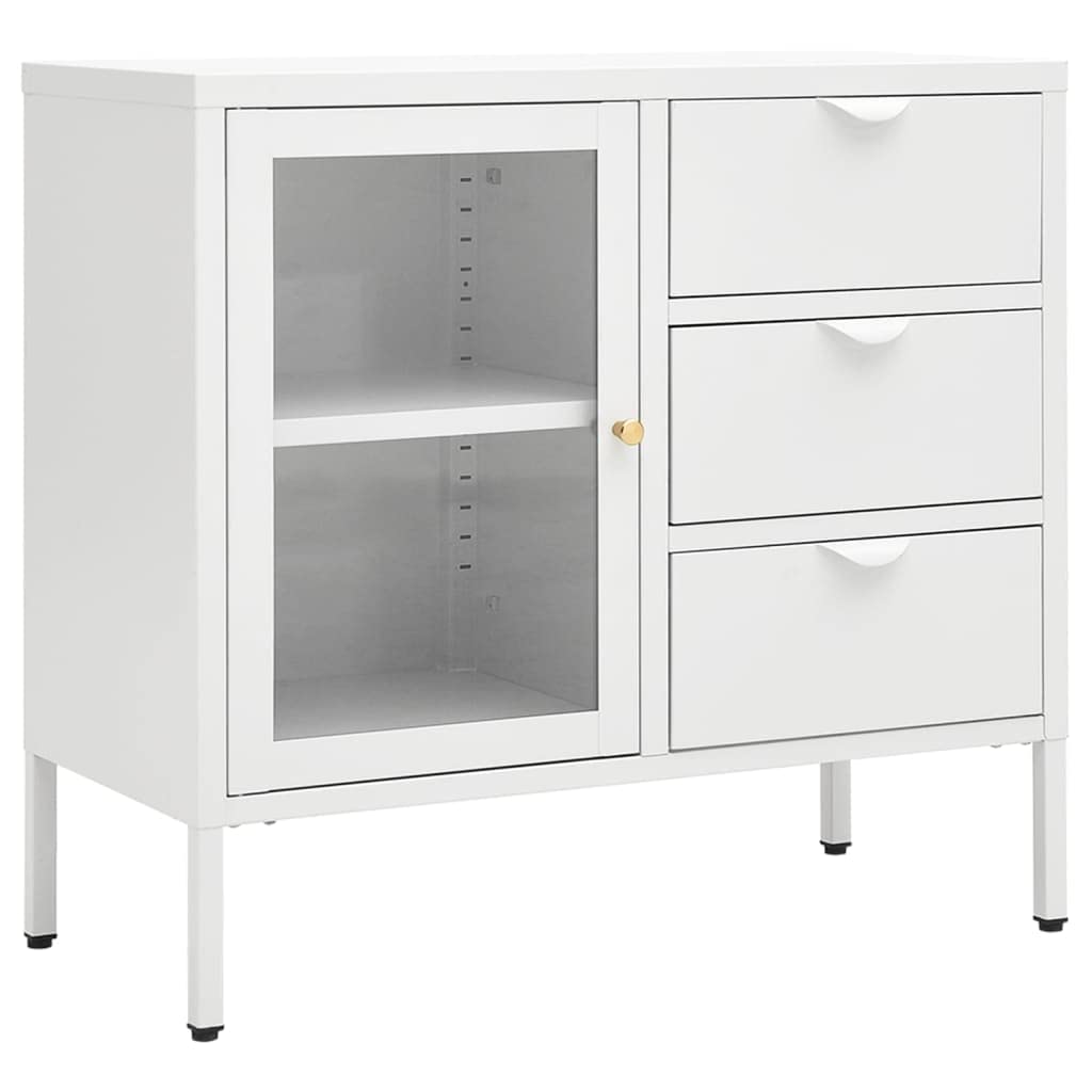 Classic White Steel and Tempered Glass Sideboard with Adjustable Shelf & Drawers - Modern Storage Cabinet for Living Room, Office, Bedroom | Perfect for Home Decor and Organization